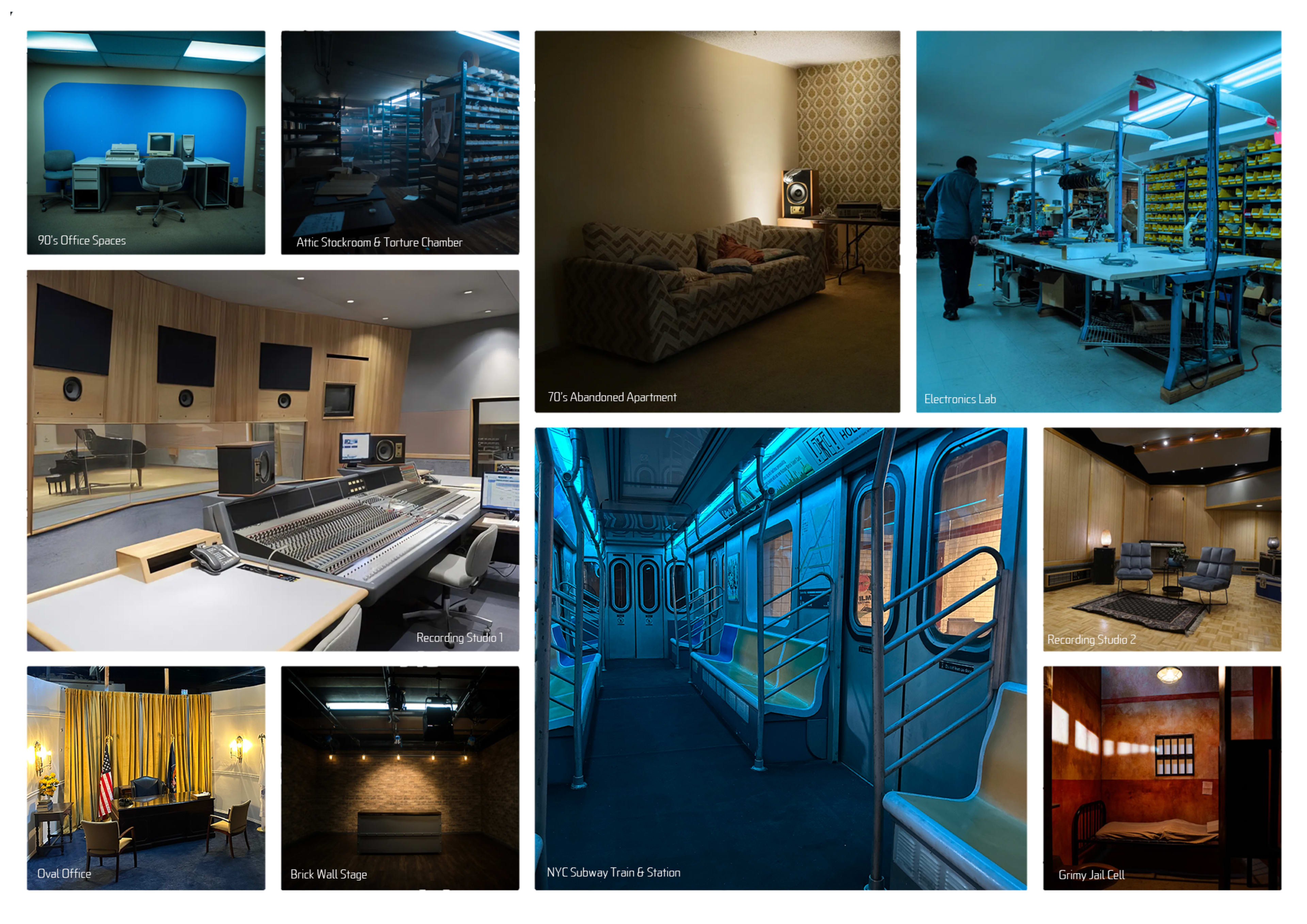 The image showcases a collage of various indoor scenes, including a 90s office space, an abandoned apartment, an electronics lab, a recording studio, a dual office, a black box stage, and an NYC subway train station.