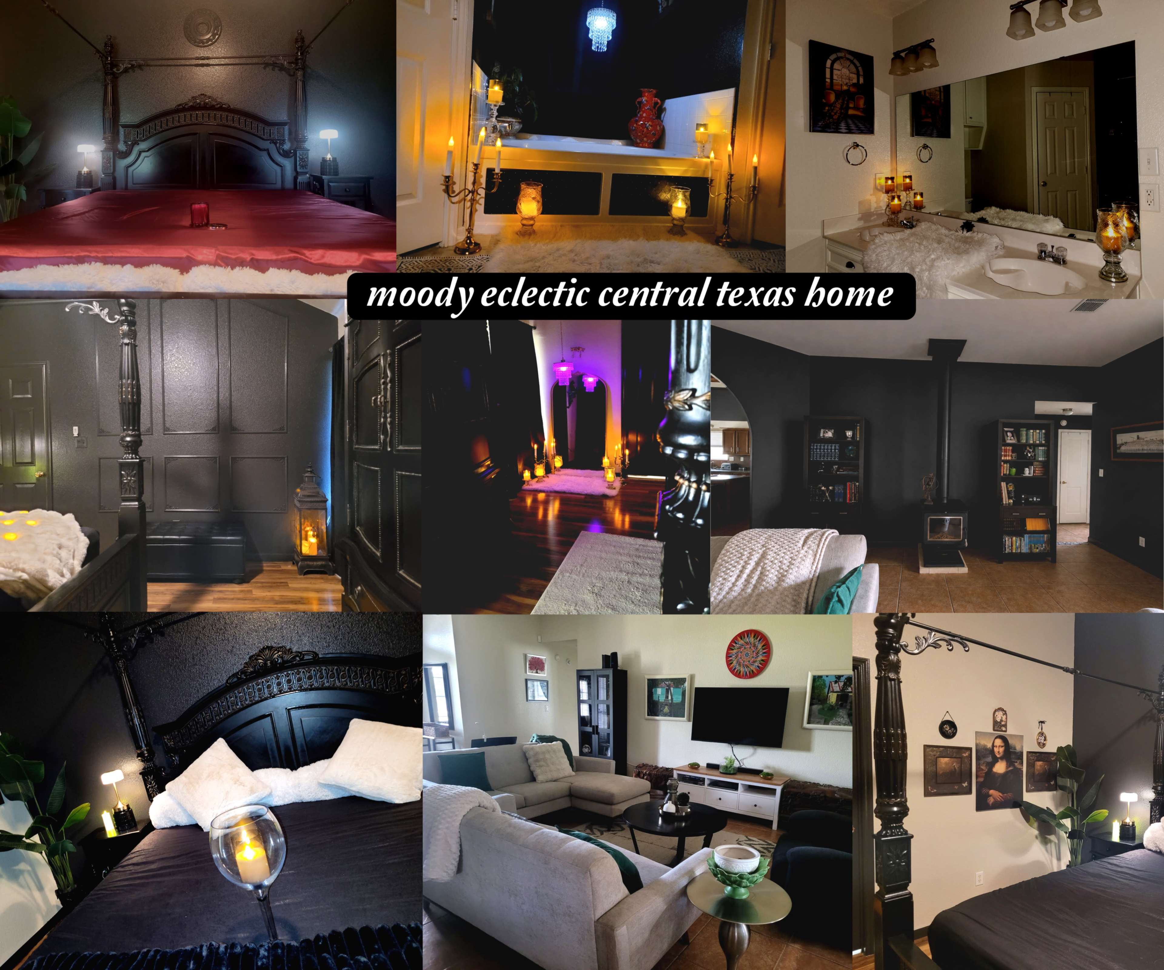 The image showcases a collage of various rooms in a moody, eclectic home in Central Texas, featuring dark walls, unique decor, and ambient lighting.