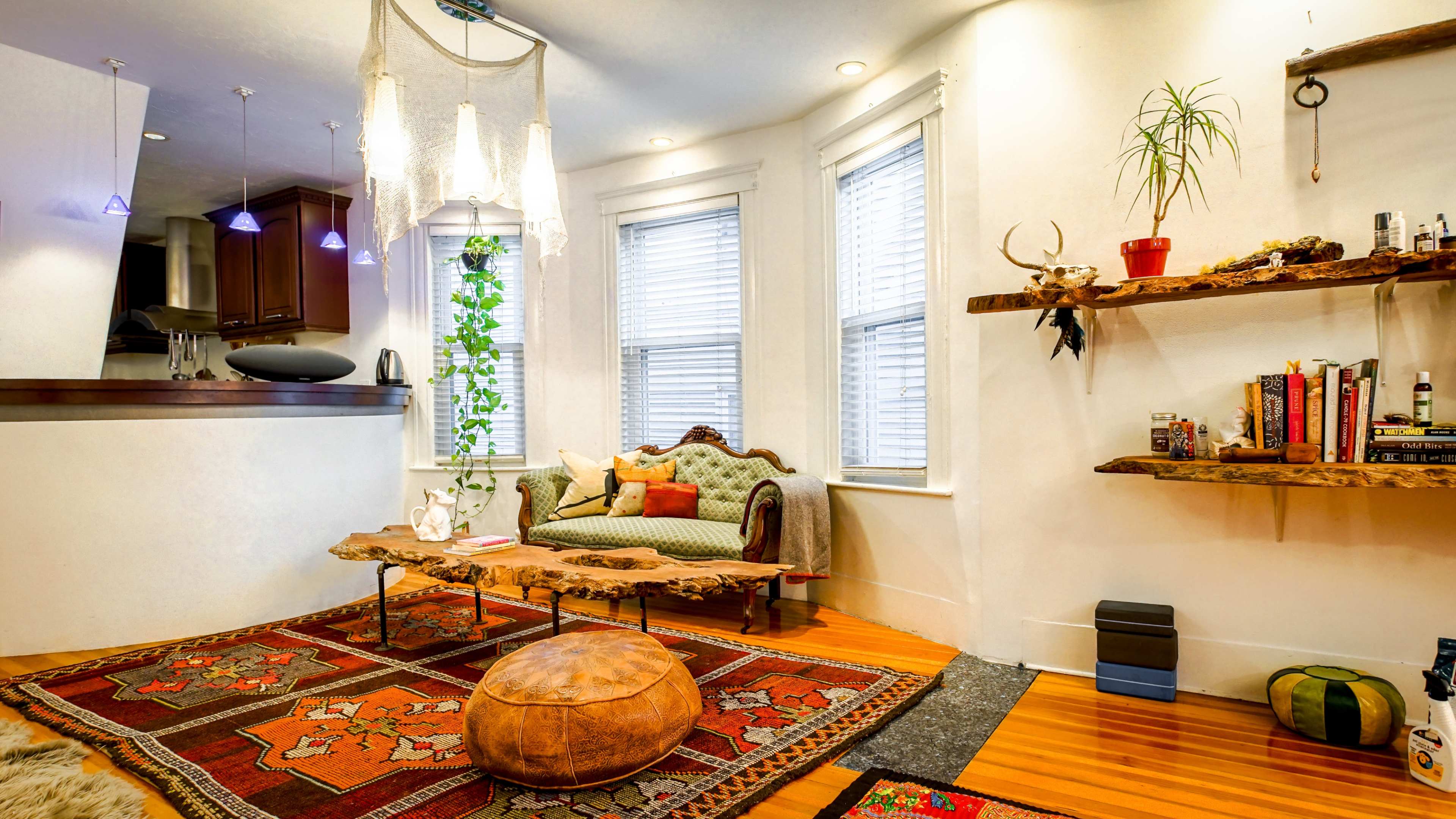 The image shows a cozy living room with a green sofa, wooden coffee table, and decorative shelves, featuring plants and various decorative items.