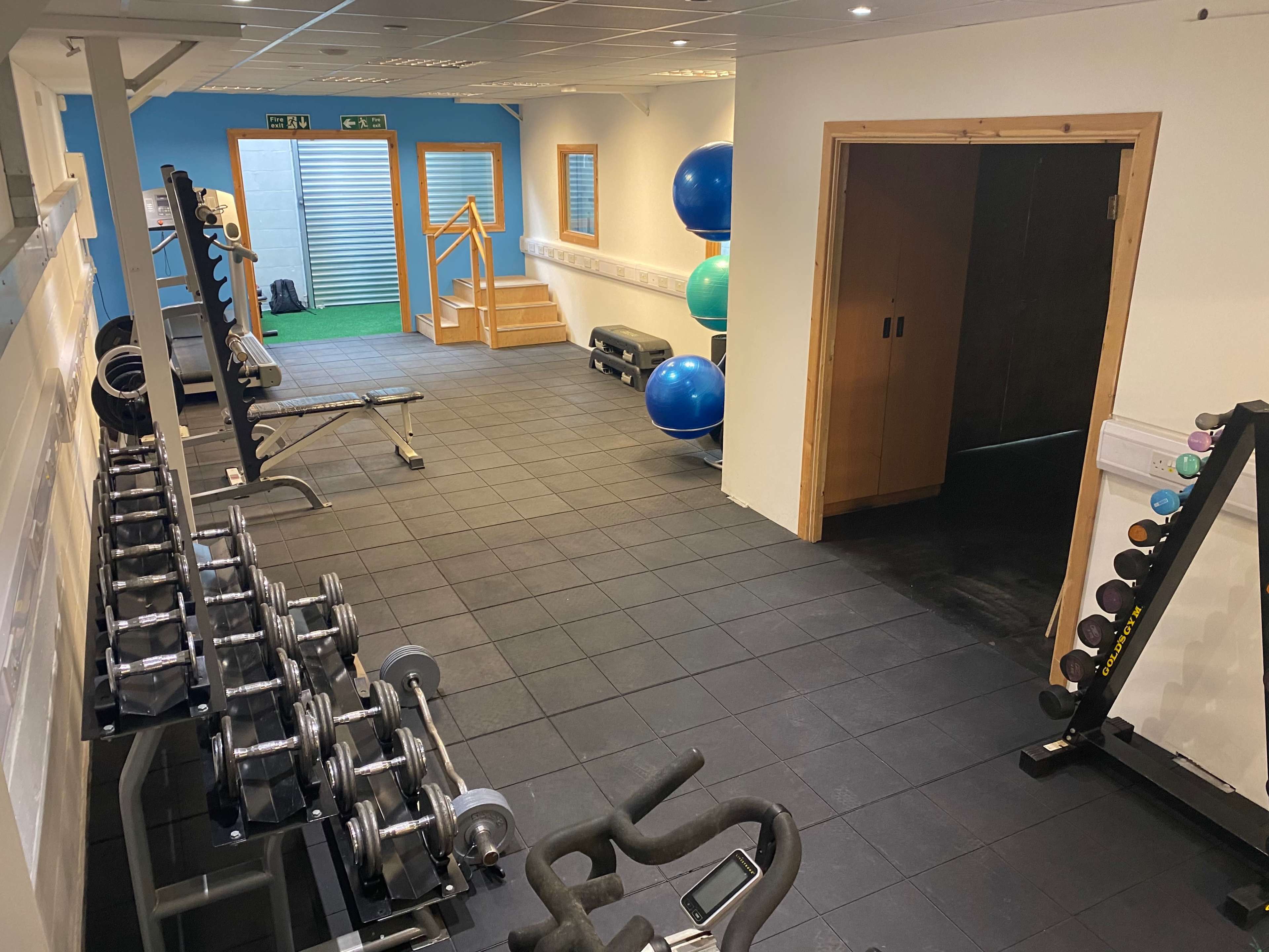 A well-equipped gym featuring exercise machines, free weights, and exercise balls in a neatly arranged space.