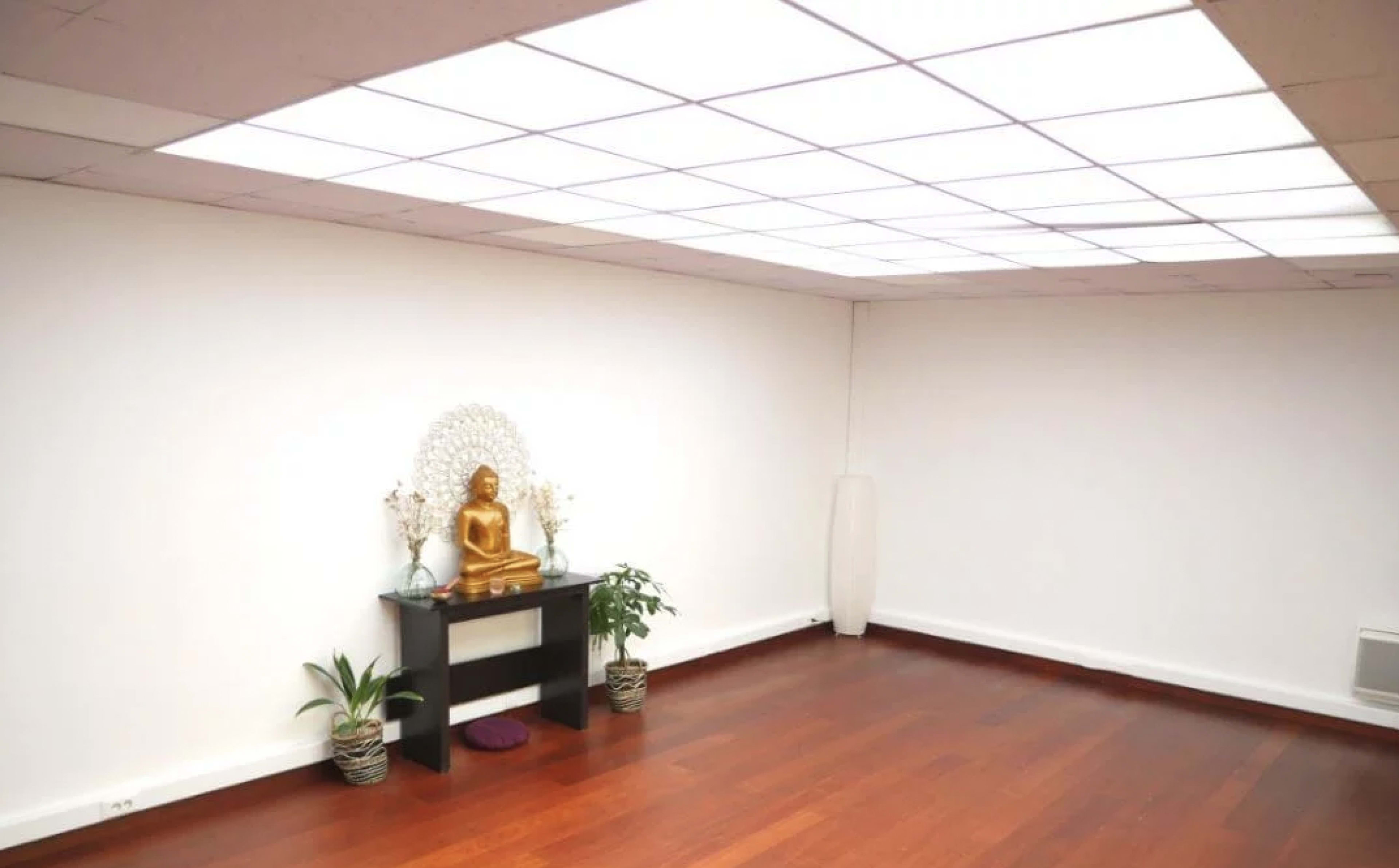 The image shows a spacious room with wooden flooring, a statue of Buddha on a black table, and a large skylight providing natural light.