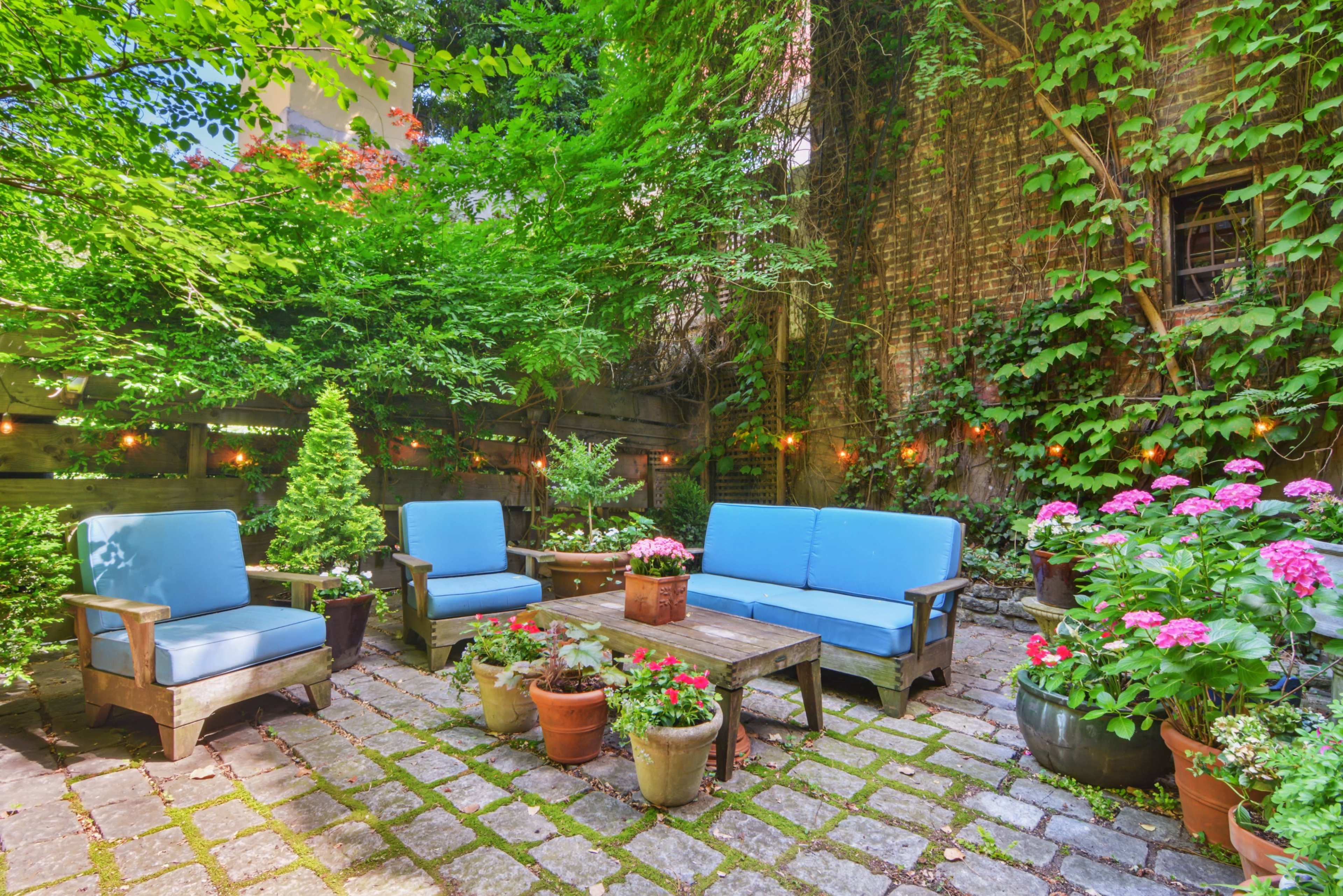 A small patio area features blue cushioned seating, a wooden coffee table, and flower pots amidst lush greenery and vines on the surrounding walls.