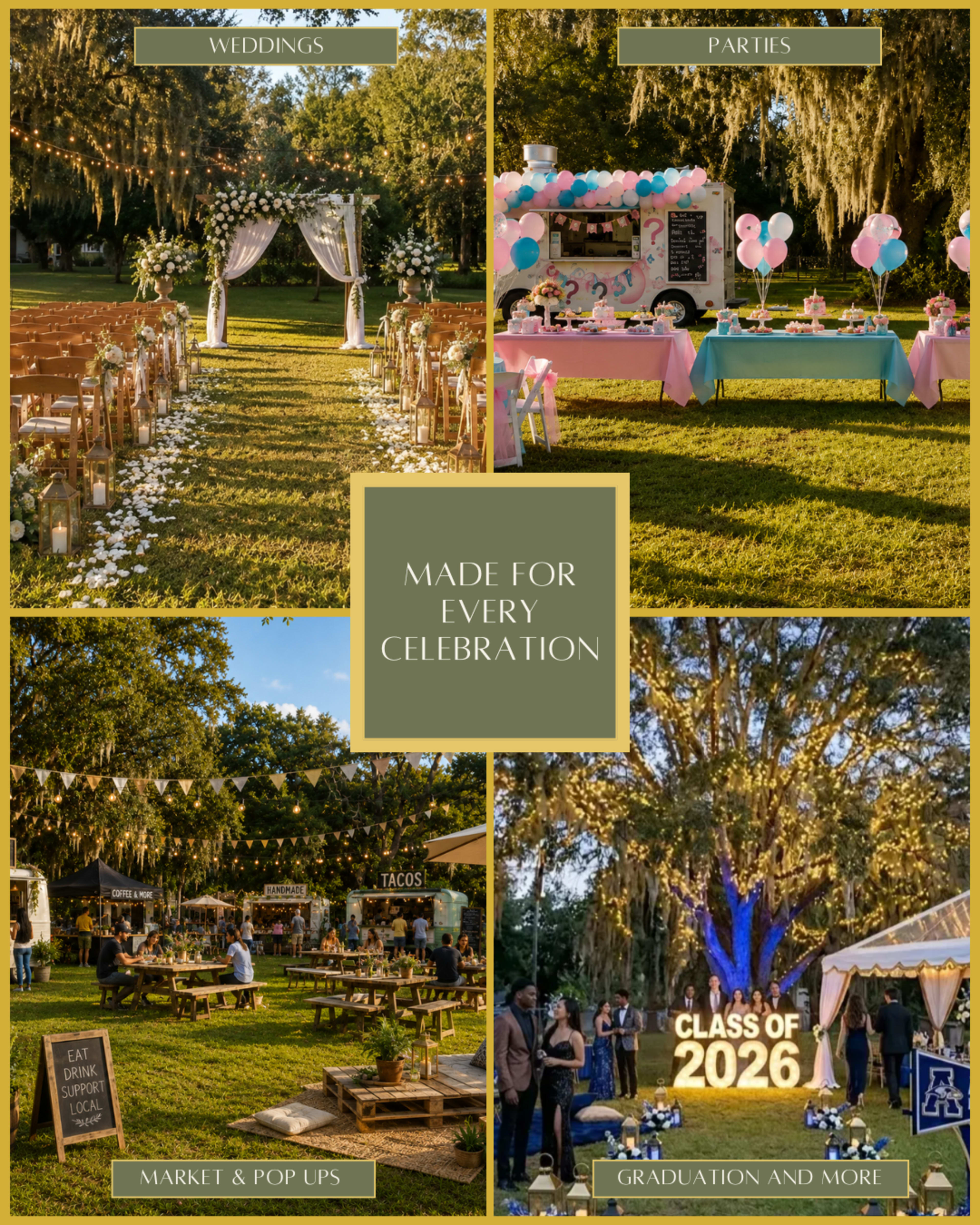 The image features four scenes showcasing various celebration setups, including a wedding aisle, a party with tables and balloons, a market area with food stalls, and a graduation event with themed decorations.