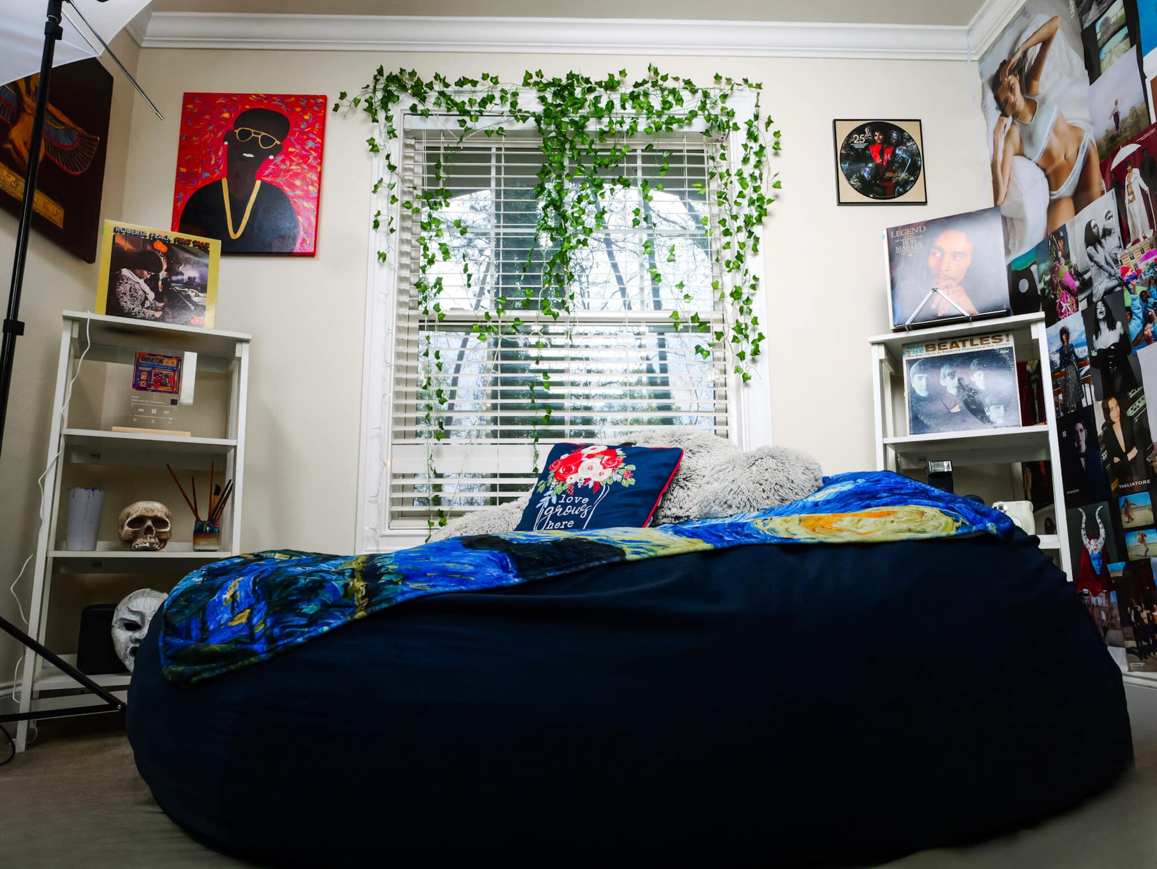 The image shows a cozy bedroom with a large bean bag chair, shelves displaying art and decor, and plants hanging by the window.