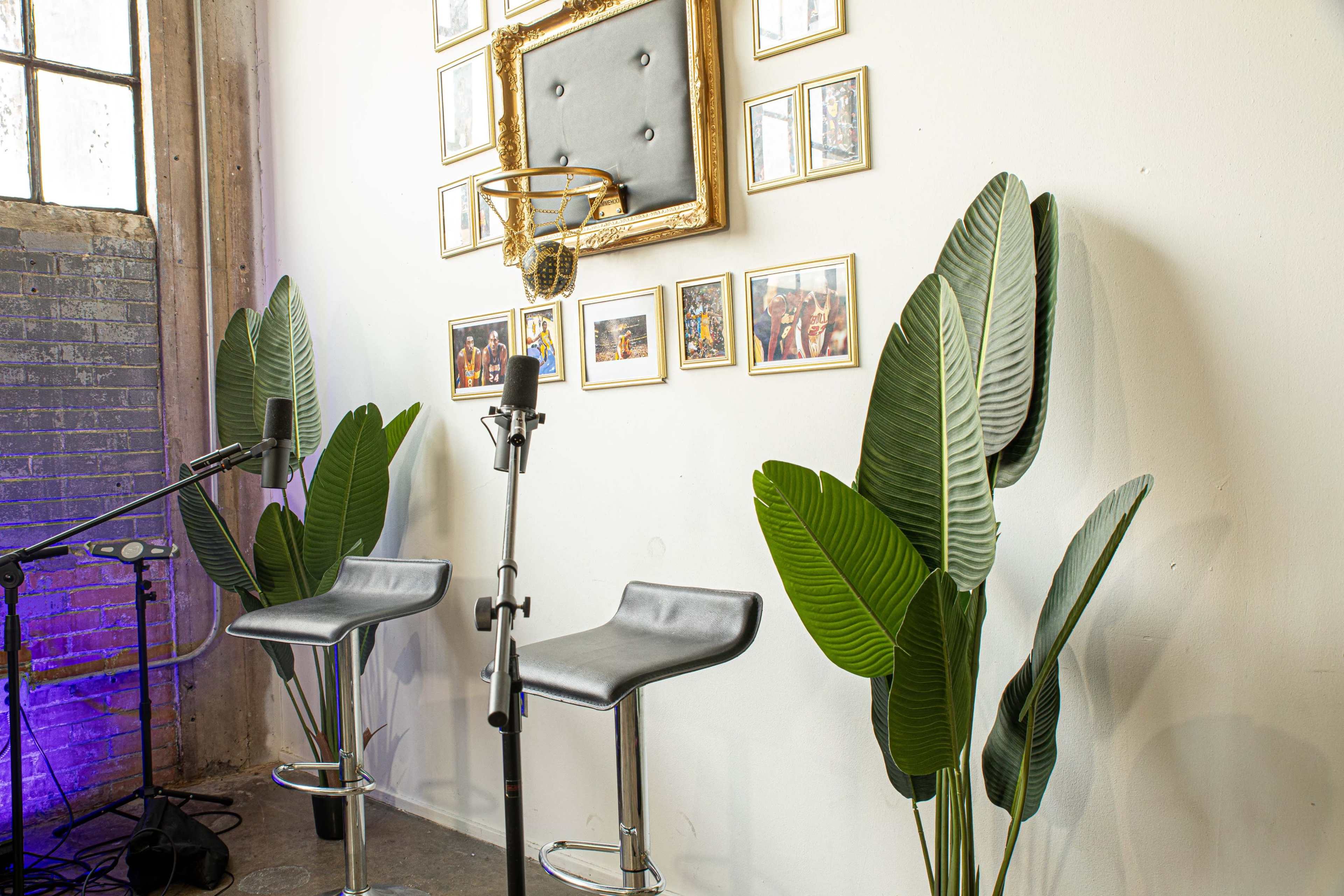The image shows two black bar stools beside tall green plants, with a wall featuring a decorative framed basketball hoop and several framed photographs.