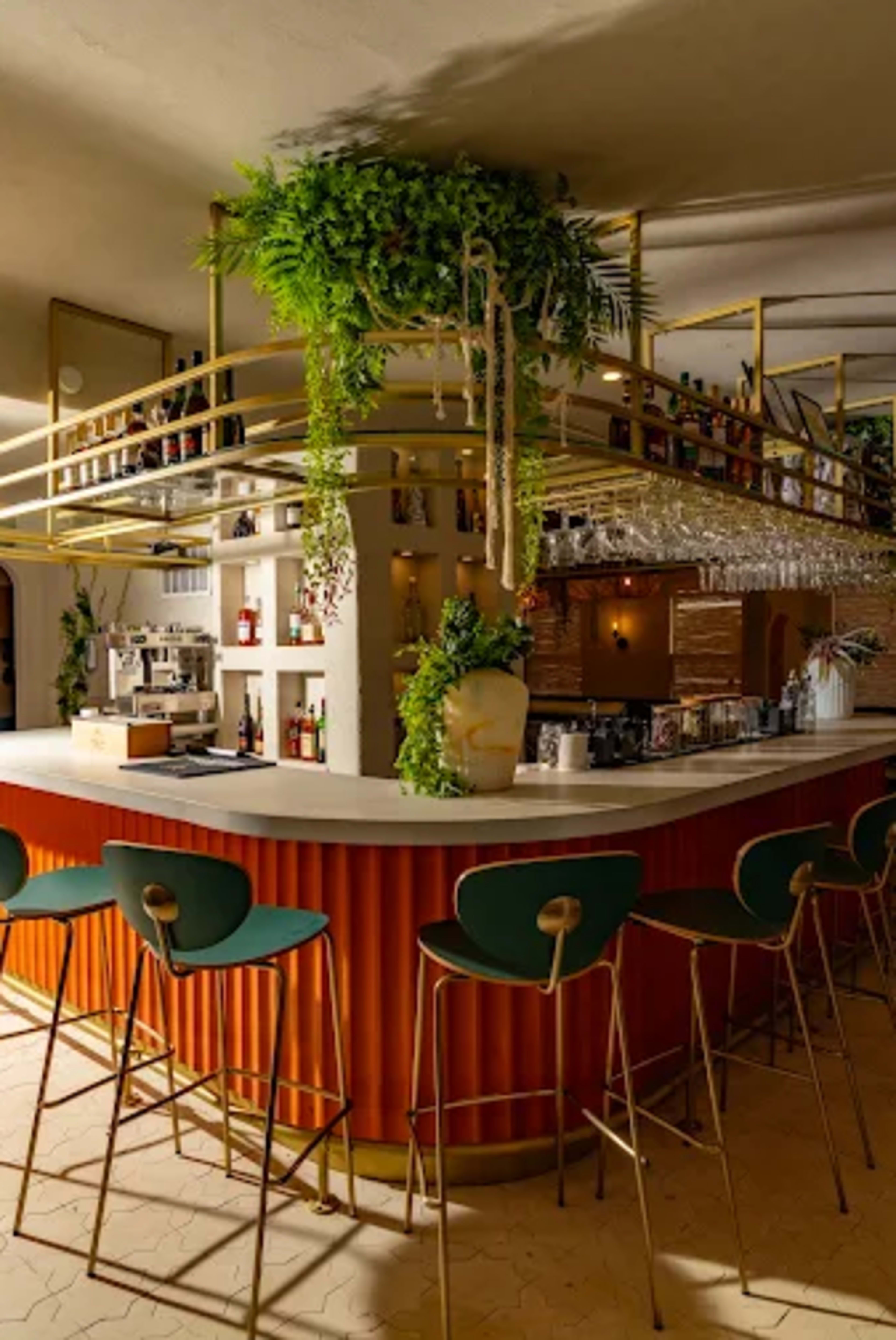 The image shows a stylish bar with a curved counter, several stools, and a decorative overhead shelf filled with bottles and greenery.