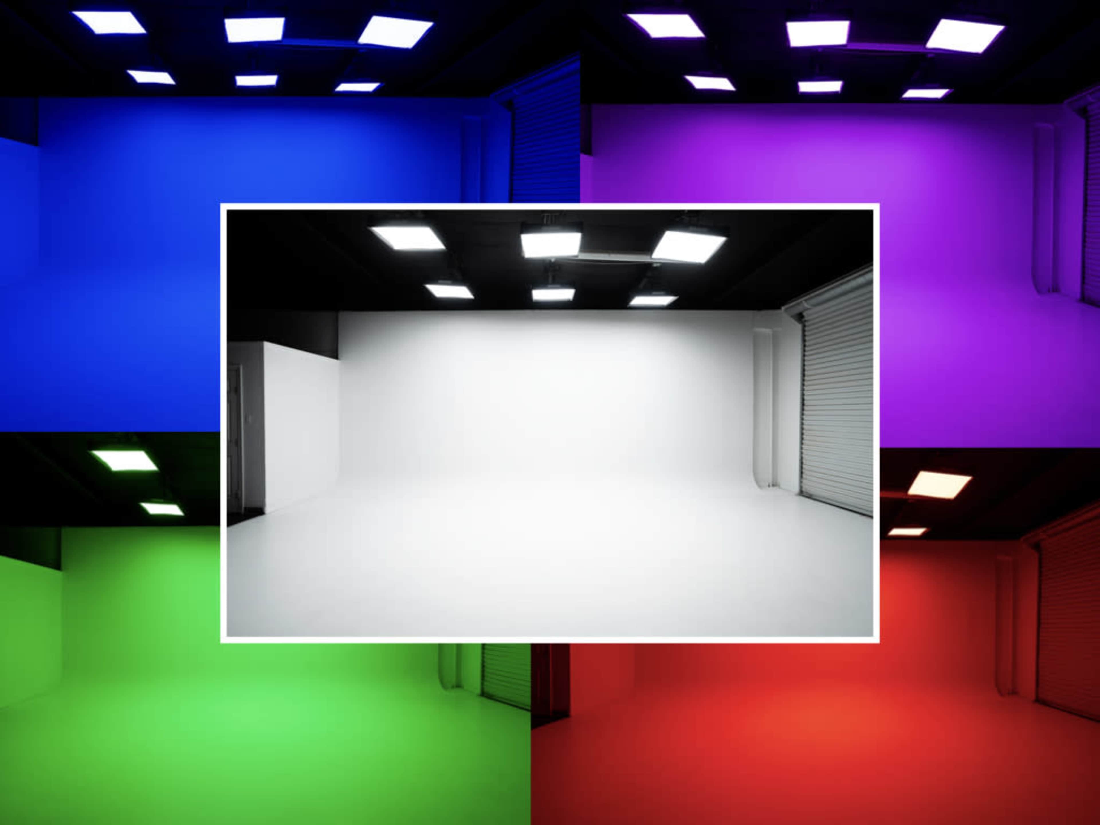 The image shows a central white studio space surrounded by colored backgrounds in blue, green, red, and purple.