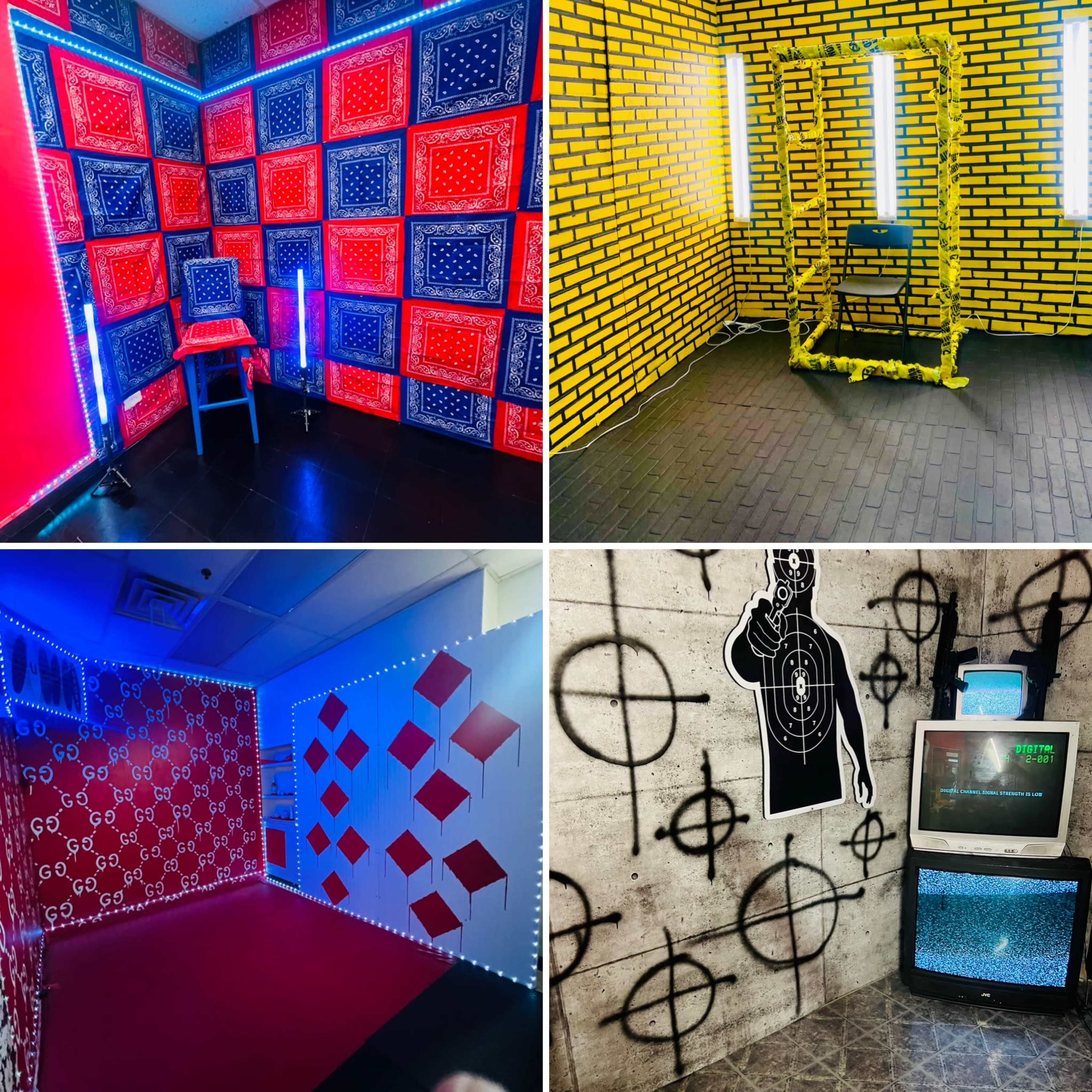 The image shows four distinct rooms featuring vibrant wall designs and various color schemes, including red, blue, and yellow, with items like chairs, patterns, and light fixtures.