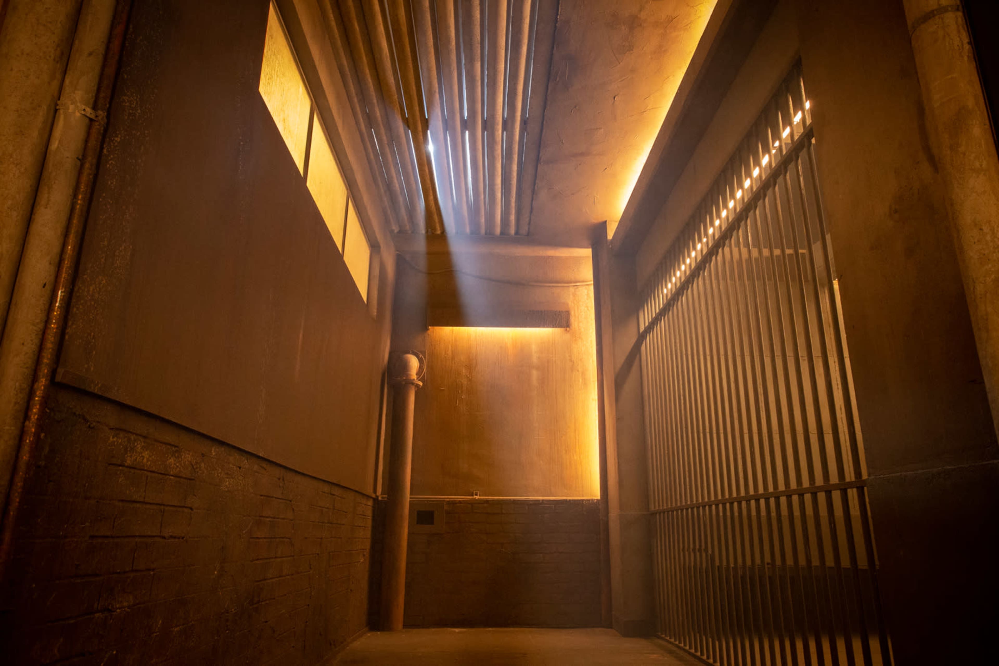 A dimly lit corridor with metal grating on one side and a beam of light shining through a gap in the ceiling.