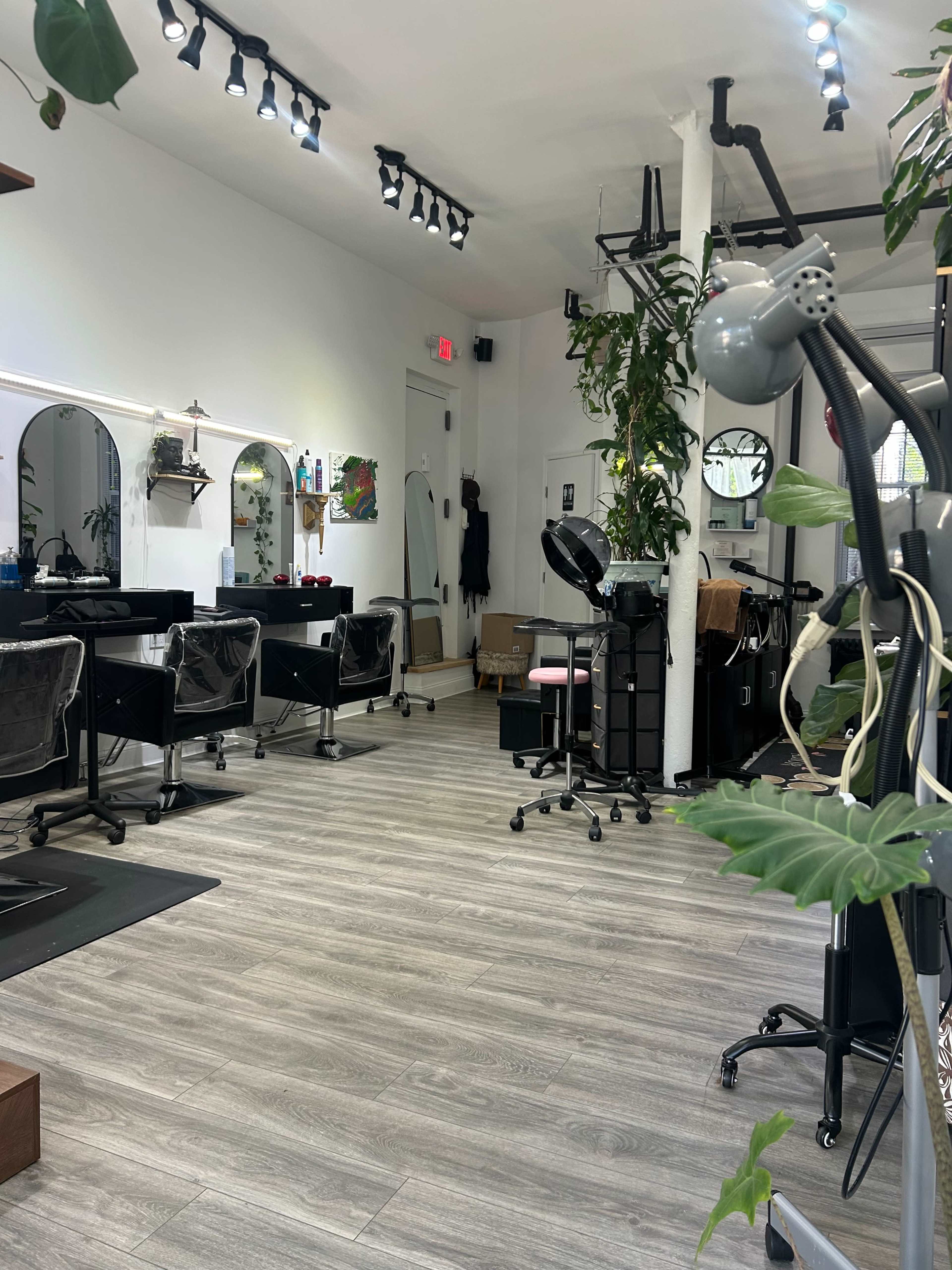 The image shows the interior of a hair salon with salon chairs, mirrors, and plants decoratively arranged throughout the space.
