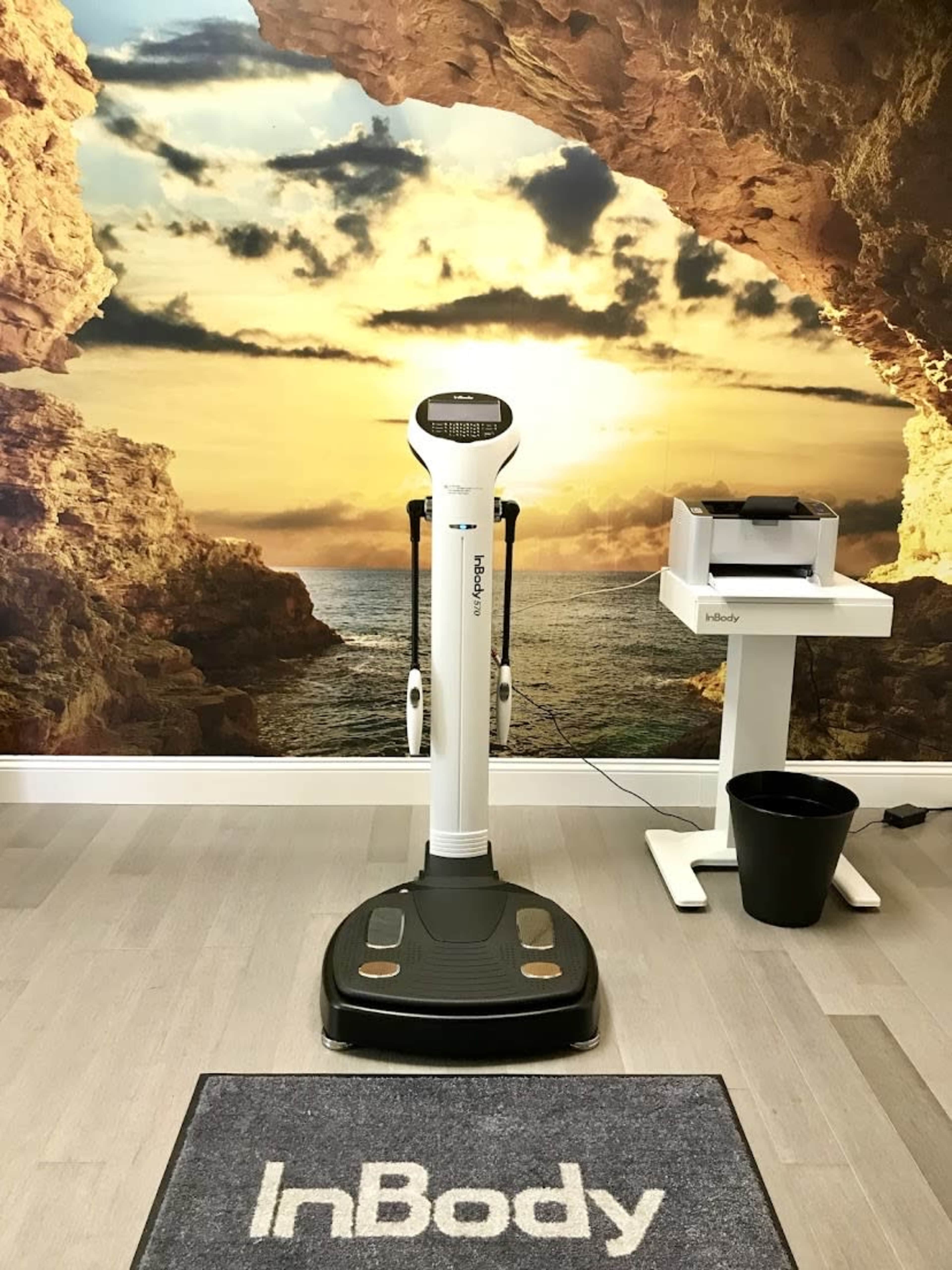 A body composition measuring device placed on a mat with the "InBody" logo, set against a backdrop of a scenic beach sunset.