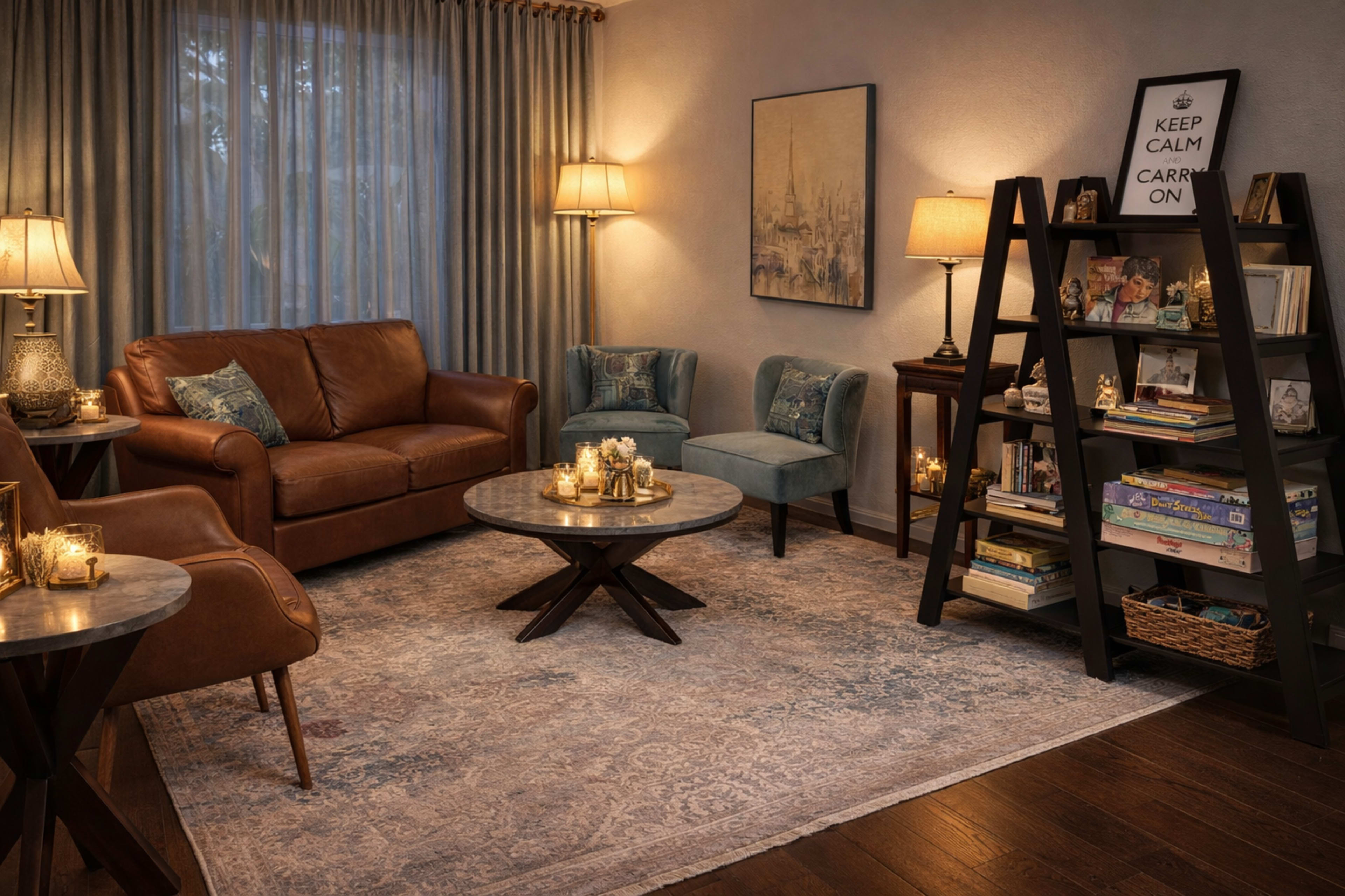 The image features a cozy living room with a brown leather sofa, teal armchairs, a round coffee table, and a dark wooden bookshelf filled with books and decorative items.