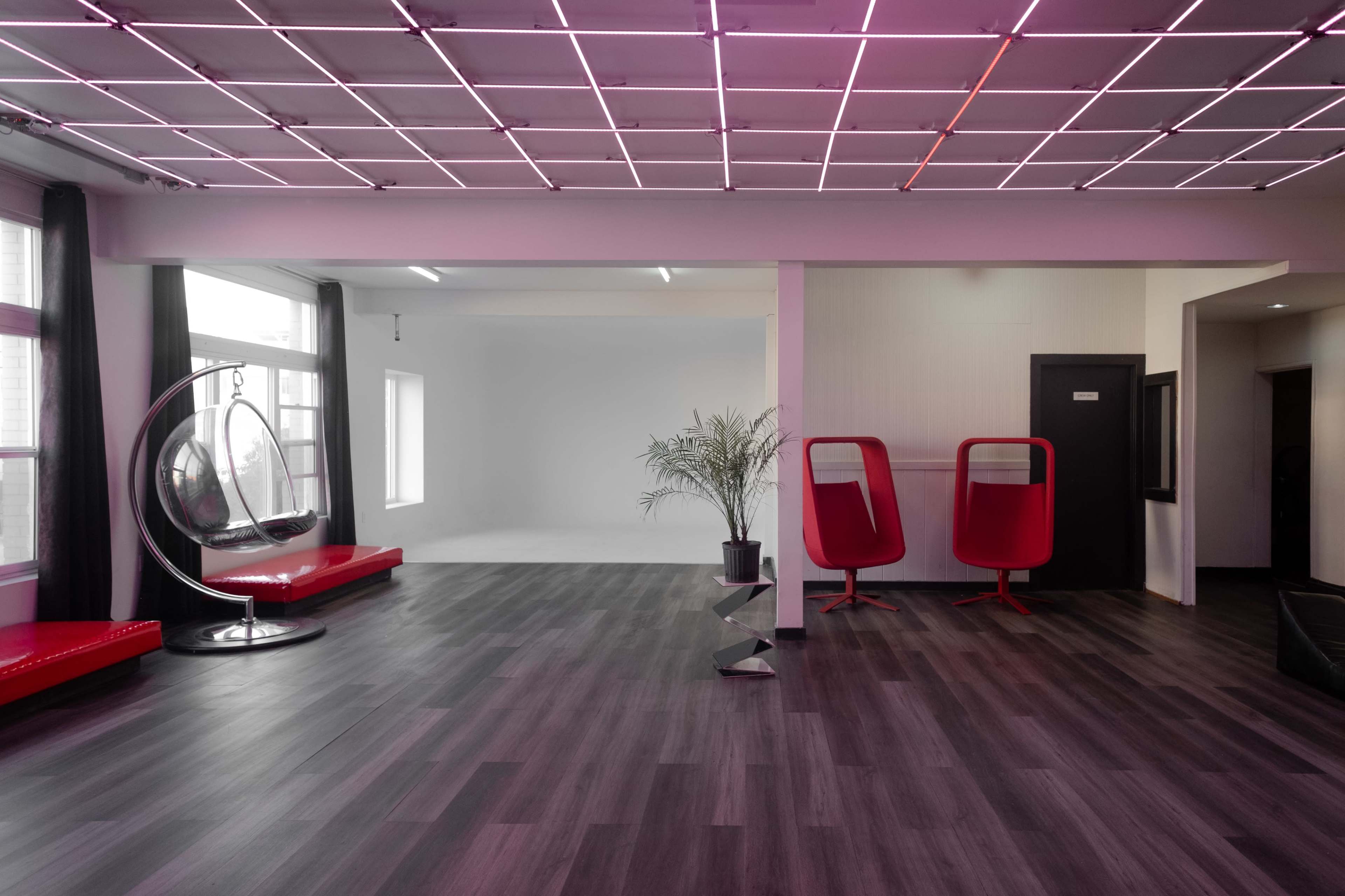 A modern interior space featuring a hanging chair, two red chairs, potted plants, and a grid of pink neon lights on the ceiling.