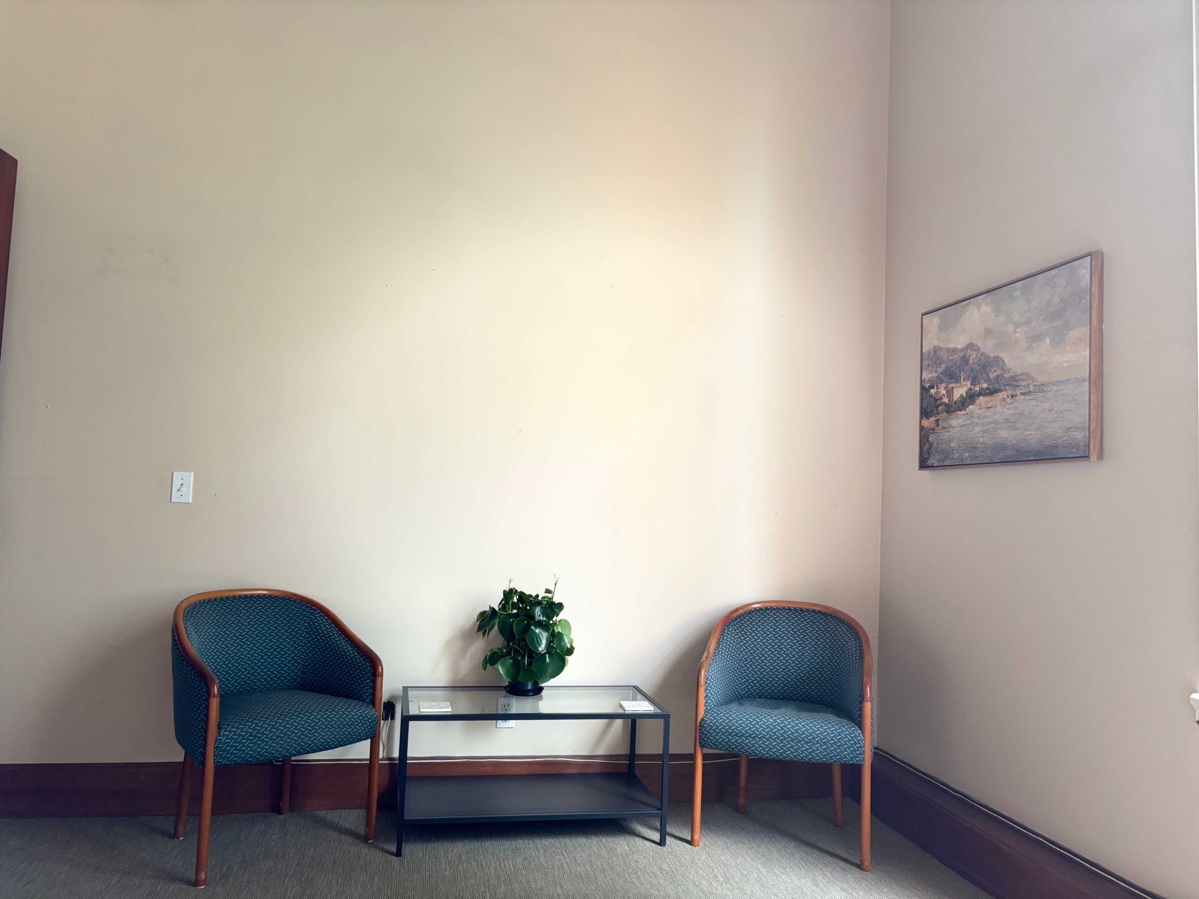 The image shows a corner of a room with two blue chairs, a glass coffee table, a small potted plant, and a framed painting on the wall.