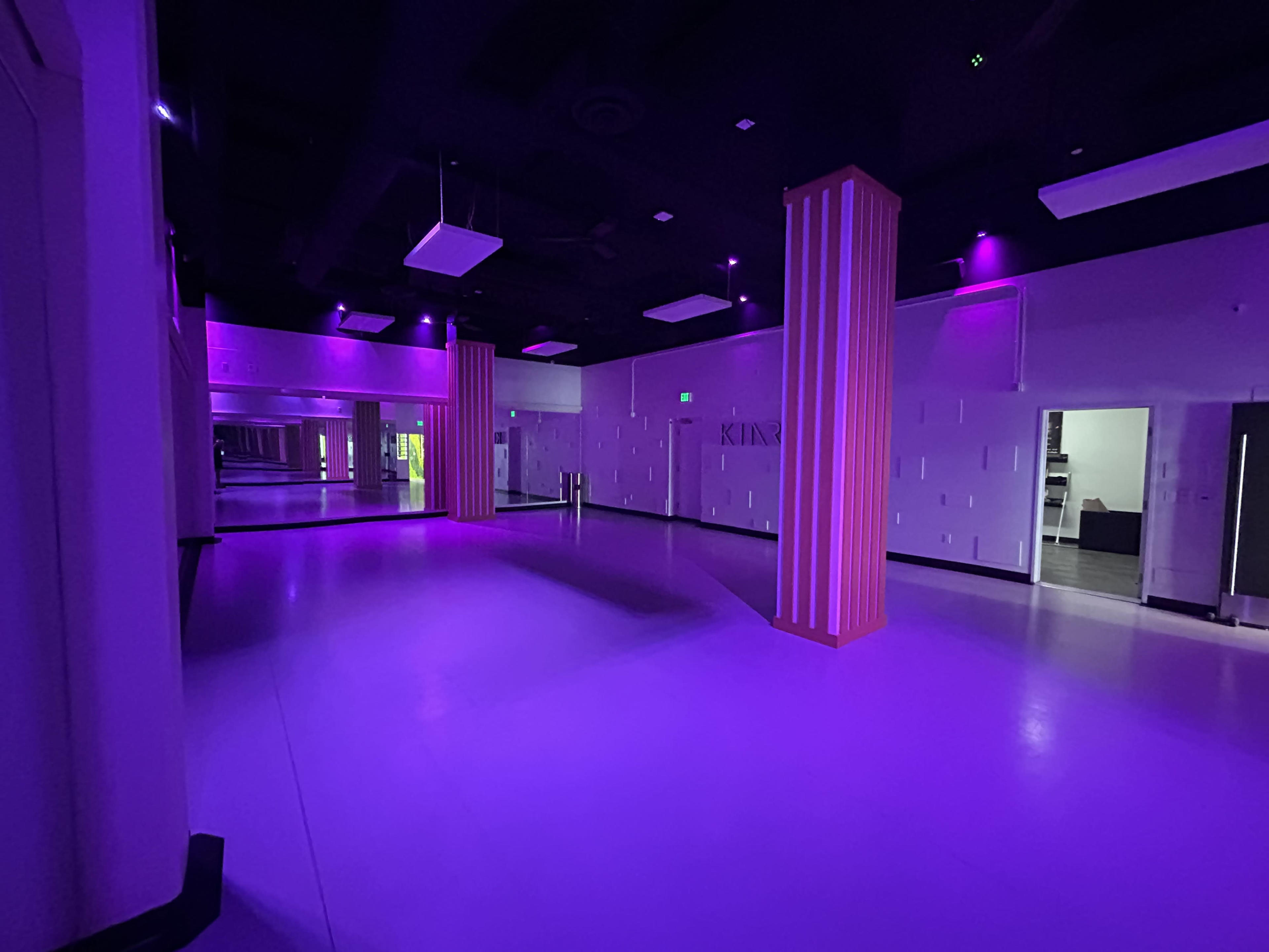 The image shows a dimly lit interior space with purple lighting, featuring empty walls and two prominent vertical pillars.