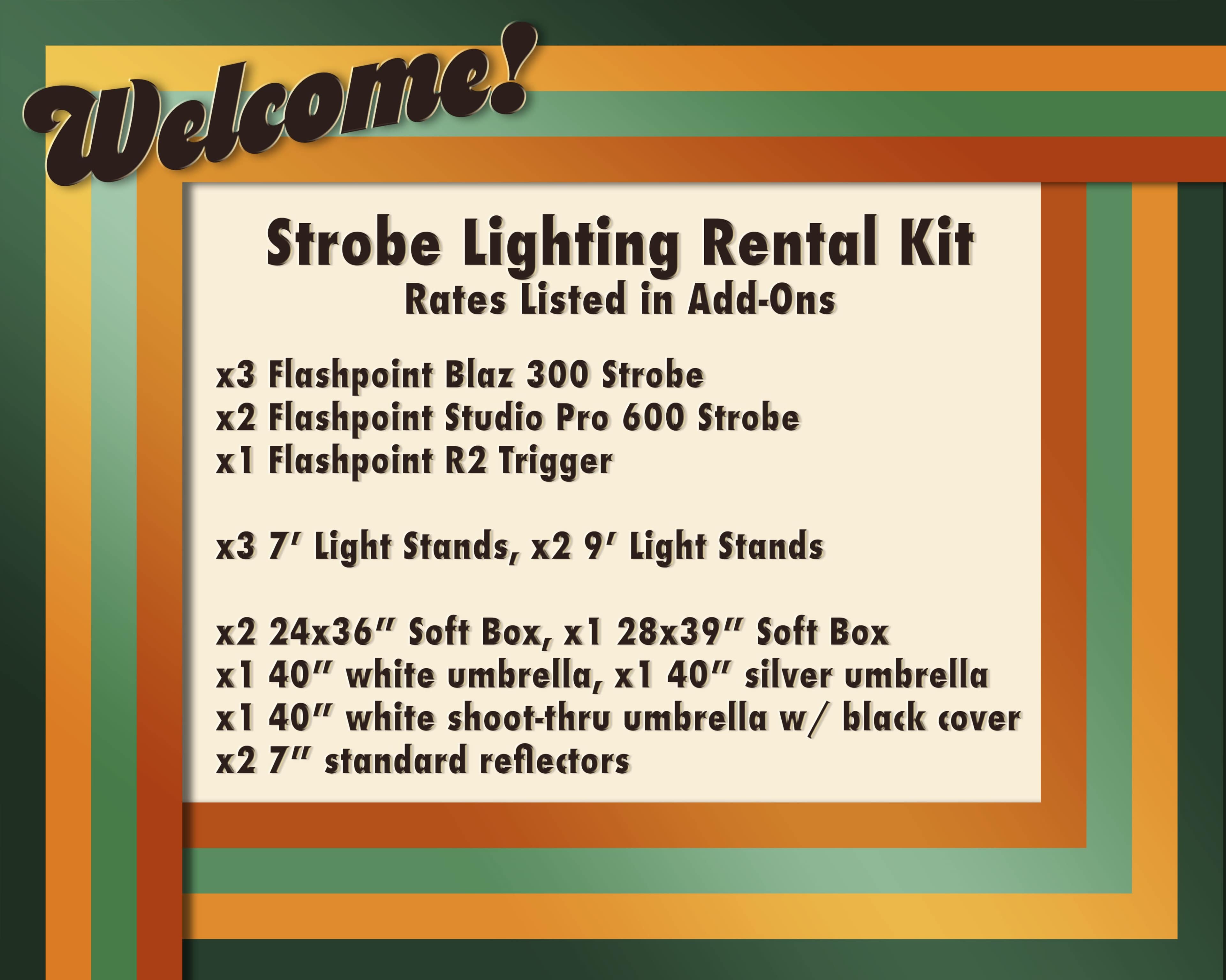 The image displays a welcome message alongside a list of strobe lighting rental kit components and their associated rates.