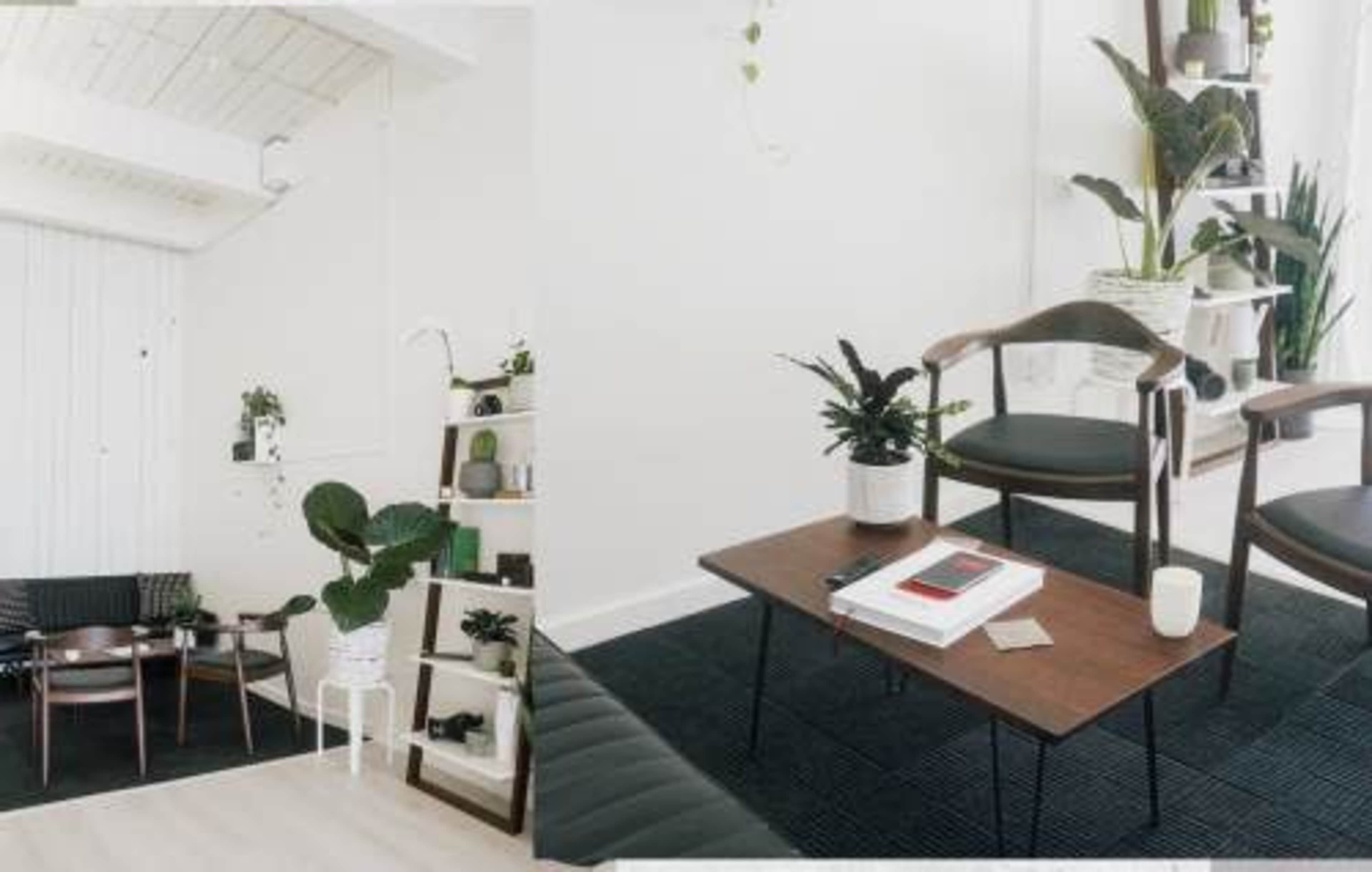 A modern interior space features a seating area with black chairs and a coffee table, surrounded by potted plants and a white shelf displaying decorative items.