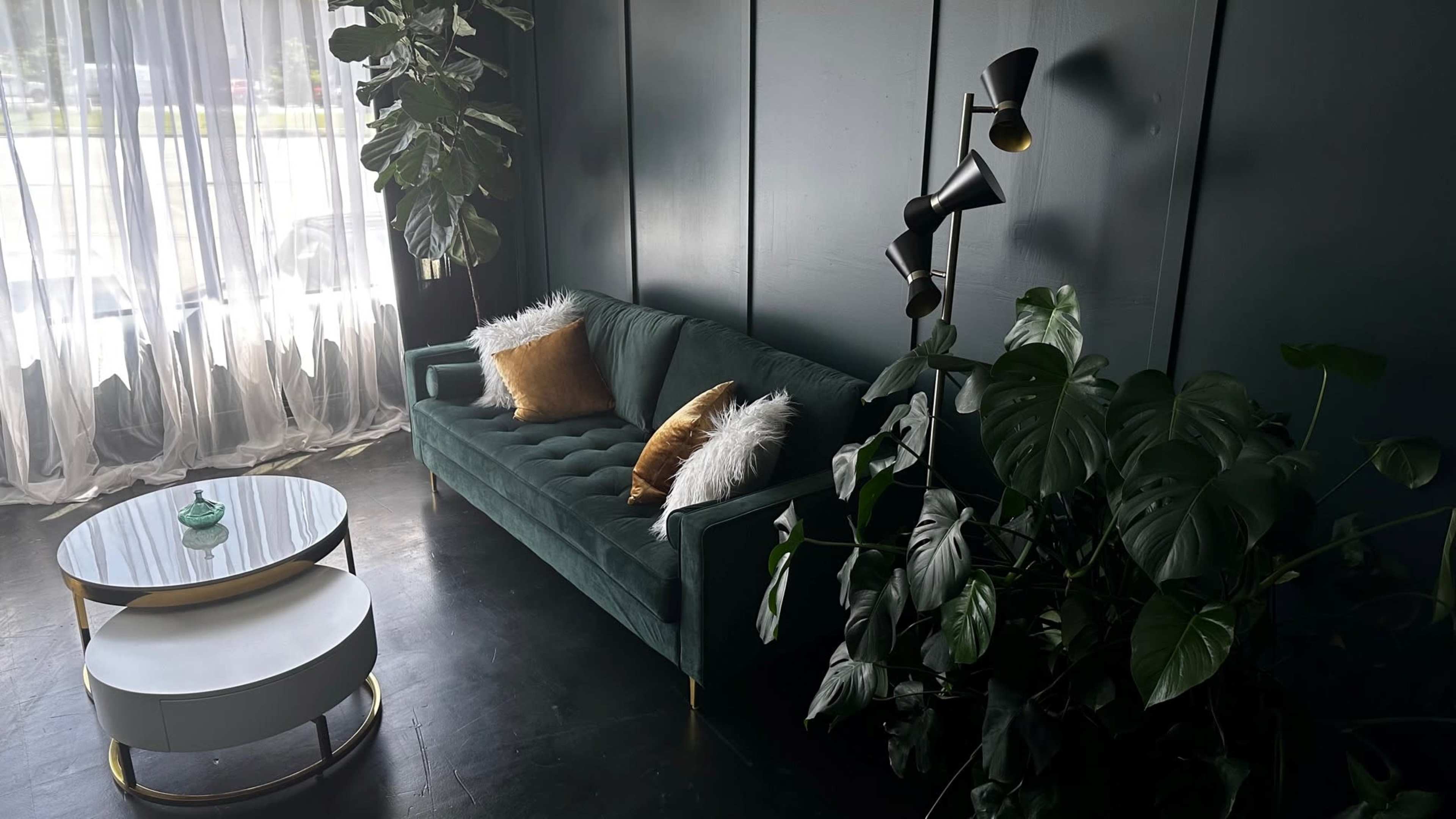 The image shows a green velvet sofa adorned with decorative pillows, a circular coffee table, and potted plants in a well-lit room with sheer curtains.