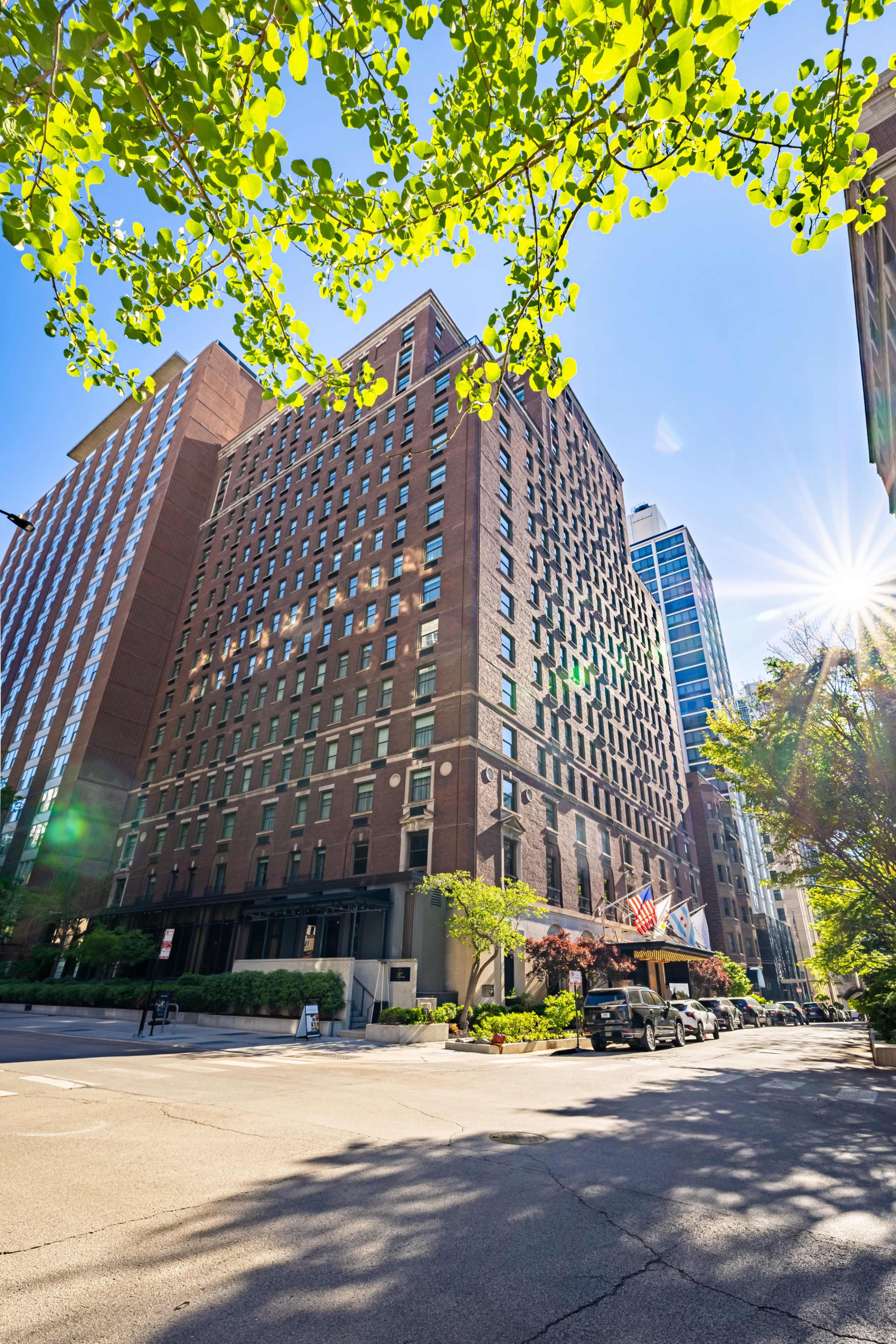 The image shows a tall, historic brick building on a city street, surrounded by modern structures and trees, with sunlight shining from the corner.