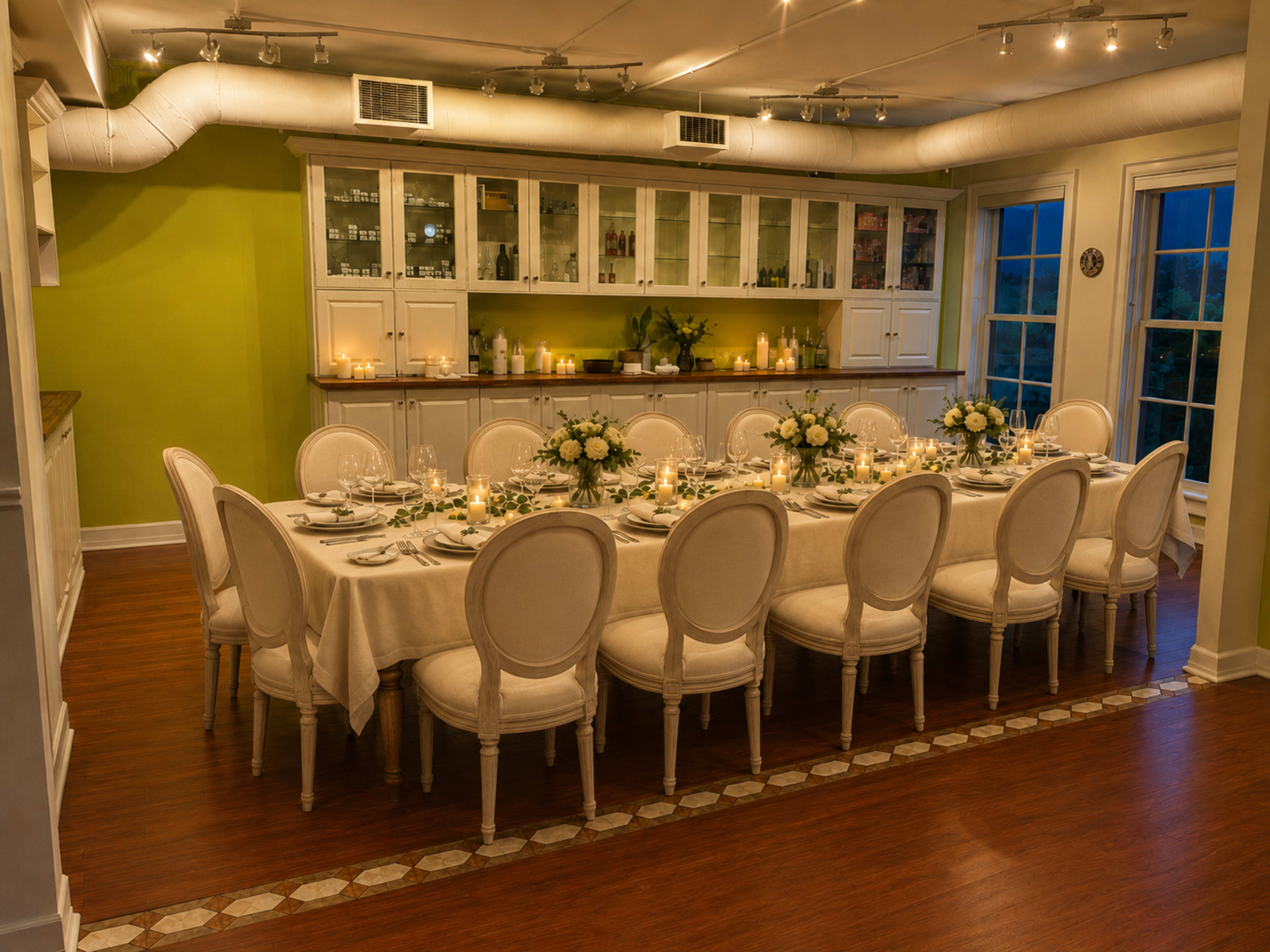 A long dining table is elegantly set with white tableware and floral centerpieces in a brightly lit room featuring green walls and a modern kitchen backdrop.