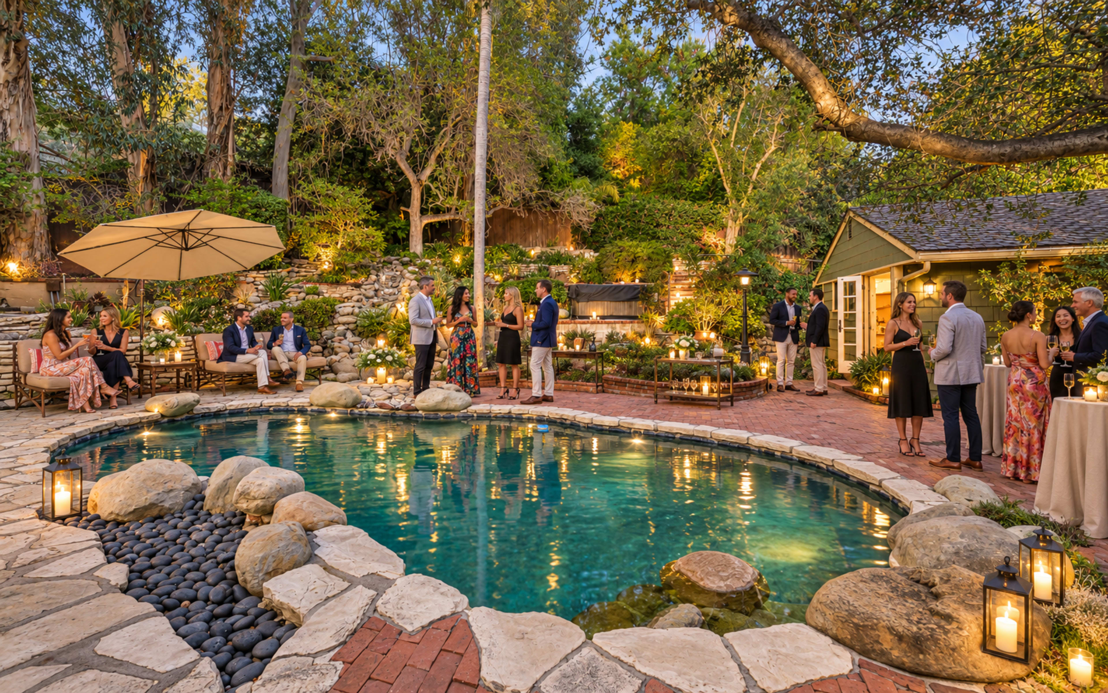 A gathering of people is taking place around a beautifully landscaped pool area with stone pathways, decorative lighting, and lush greenery.