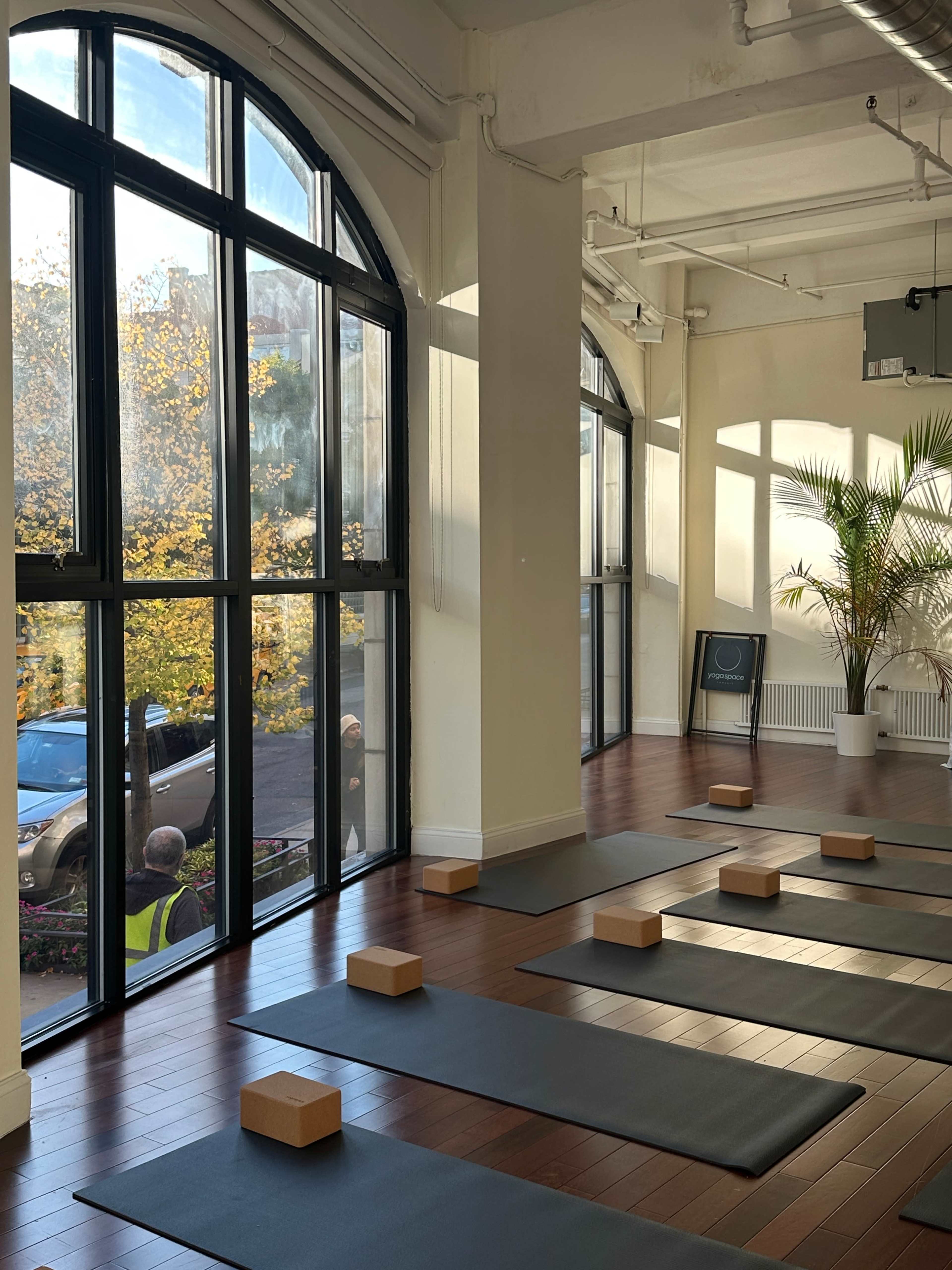 A bright yoga studio with wooden floors, several yoga mats arranged neatly, and large windows allowing natural light to illuminate the space.
