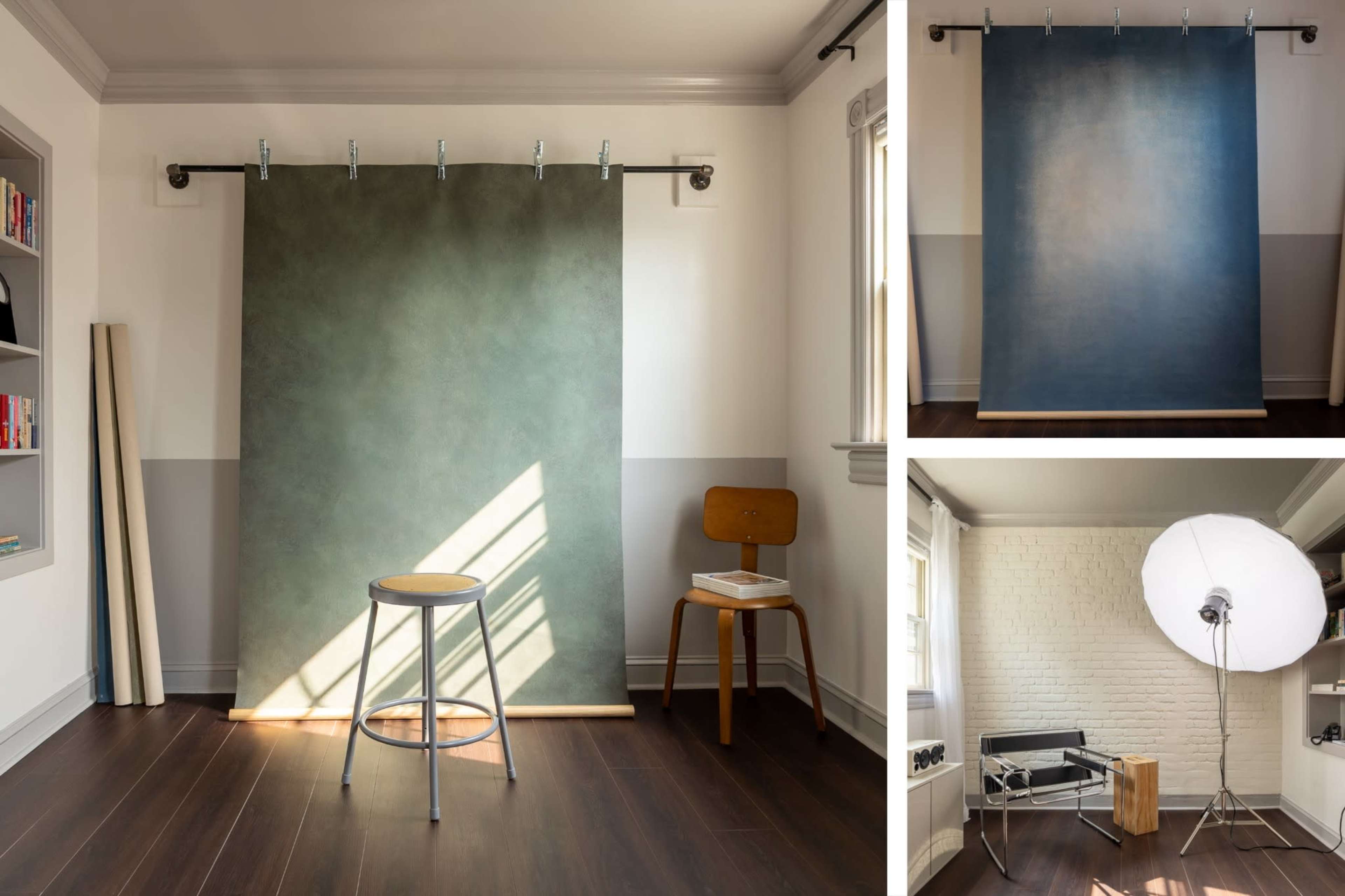 The image features a photography studio with a green backdrop on rollers, a blue backdrop displayed, a wooden stool, and various photography equipment arranged in a well-lit space.