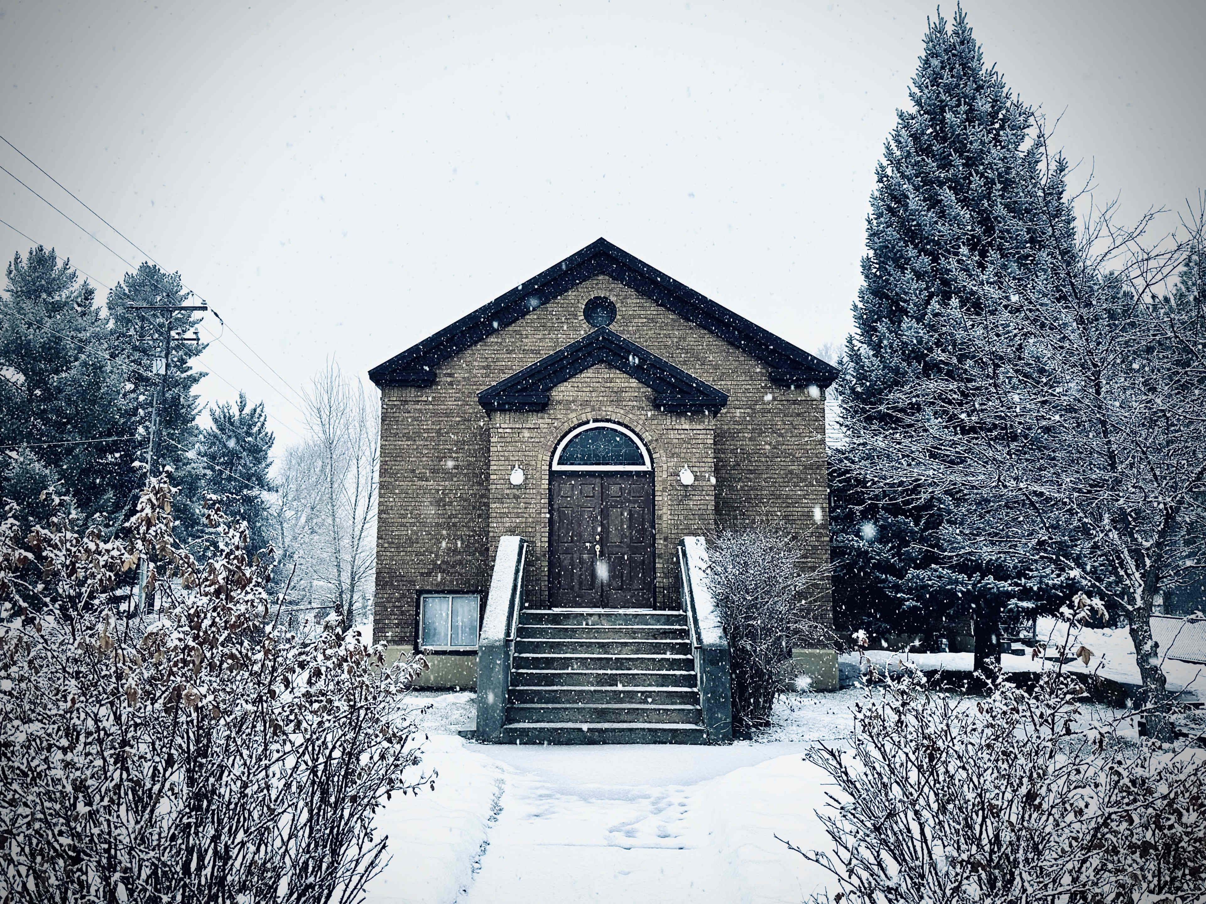 A brick building with a large front staircase stands amid falling snow, surrounded by barren trees and shrubs.