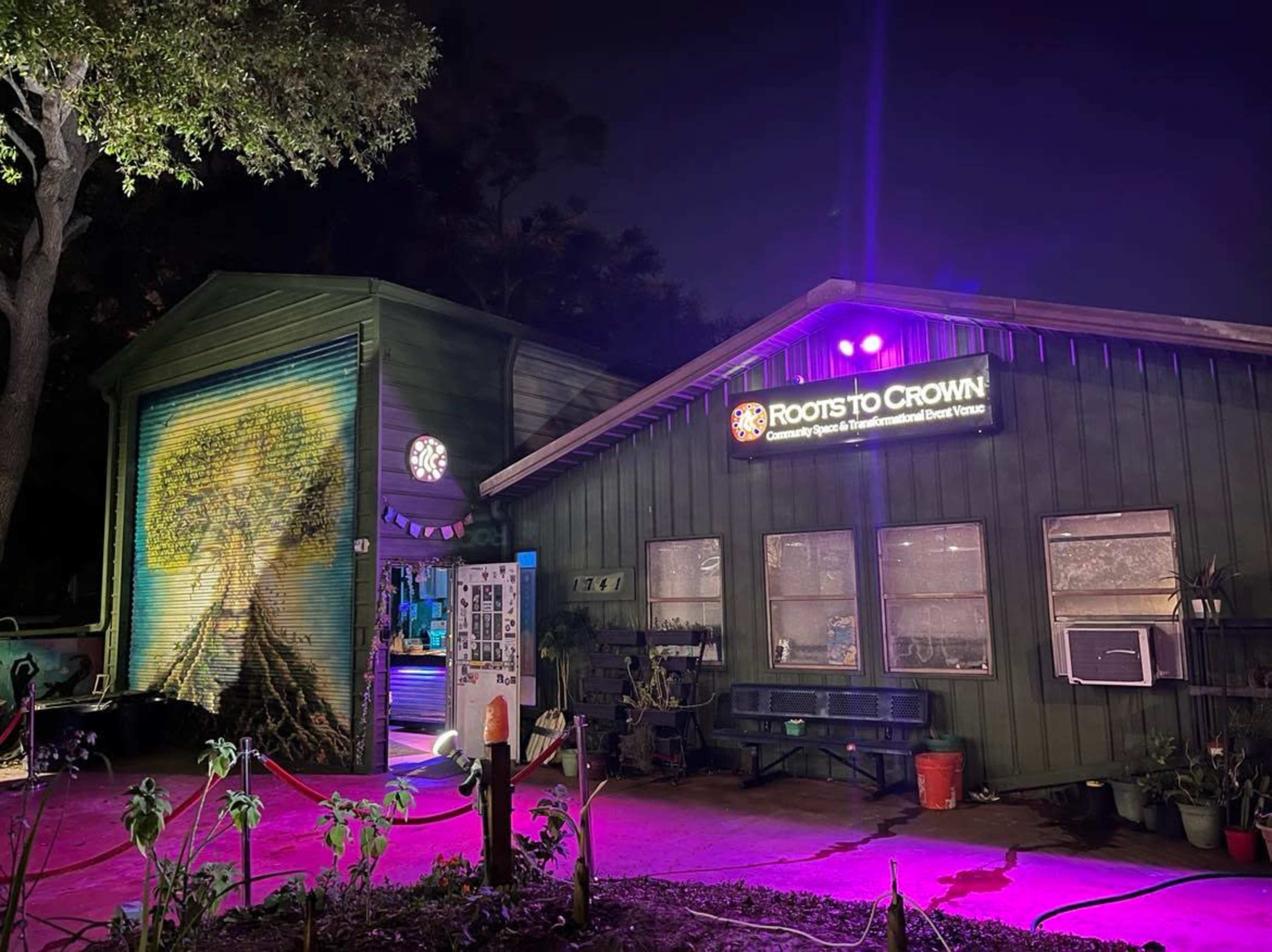 A green building with a mural of a tree on its side, illuminated by purple lights, with a sign that reads "Roots to Crown."