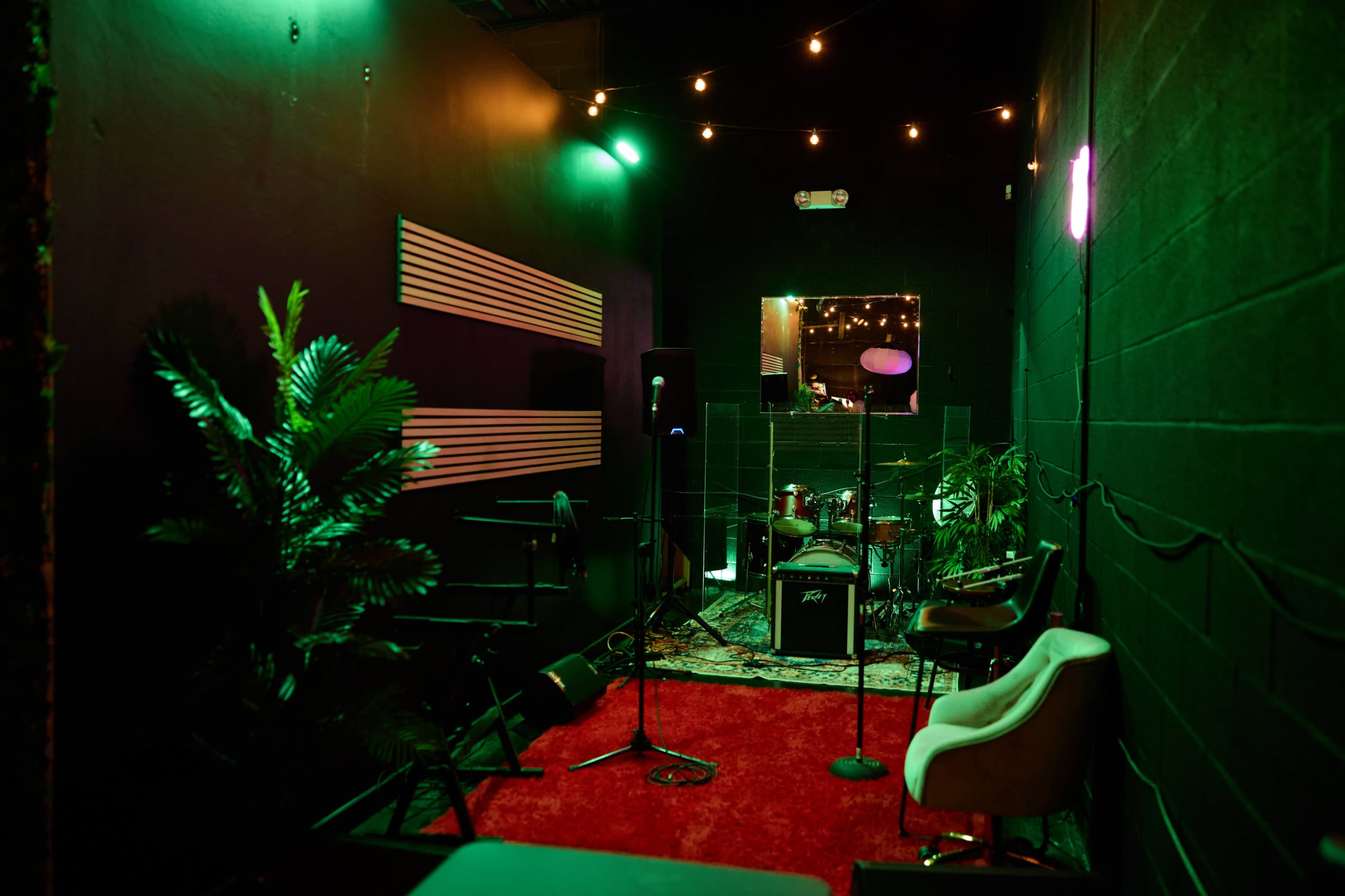 A small music rehearsal space features a drum set, microphones, and seating, surrounded by dark walls and decorative plants.
