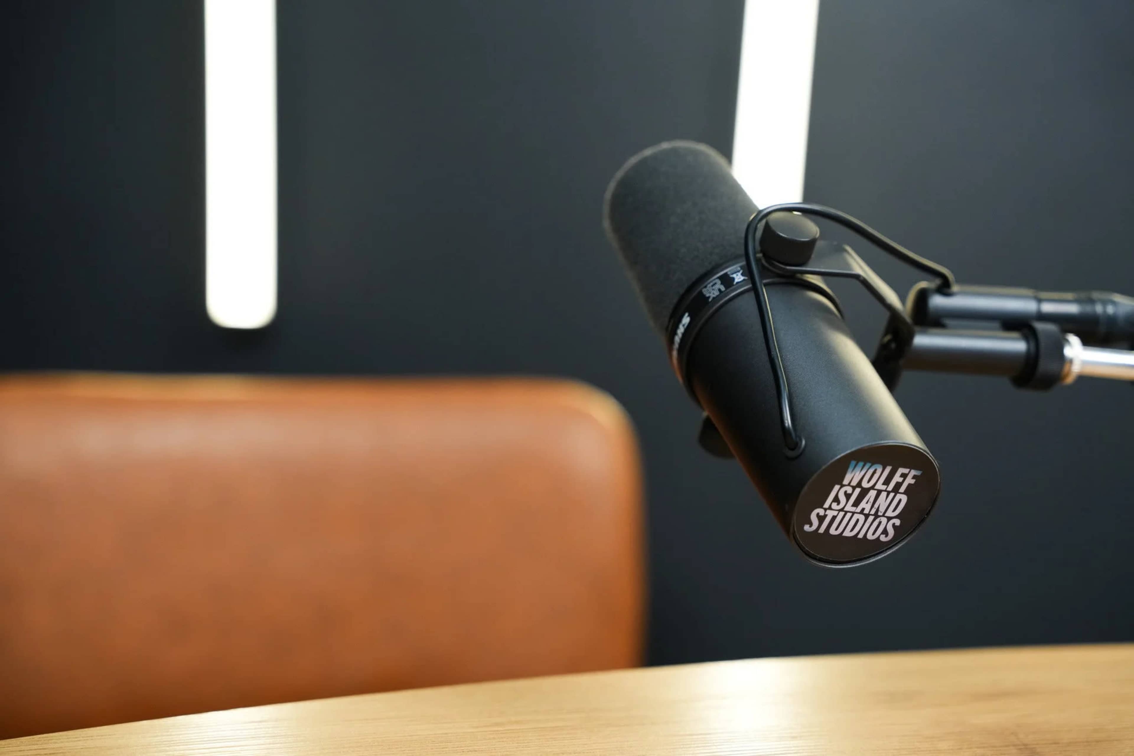 A microphone is mounted on an arm in front of a leather chair, with a wooden table visible in the scene.