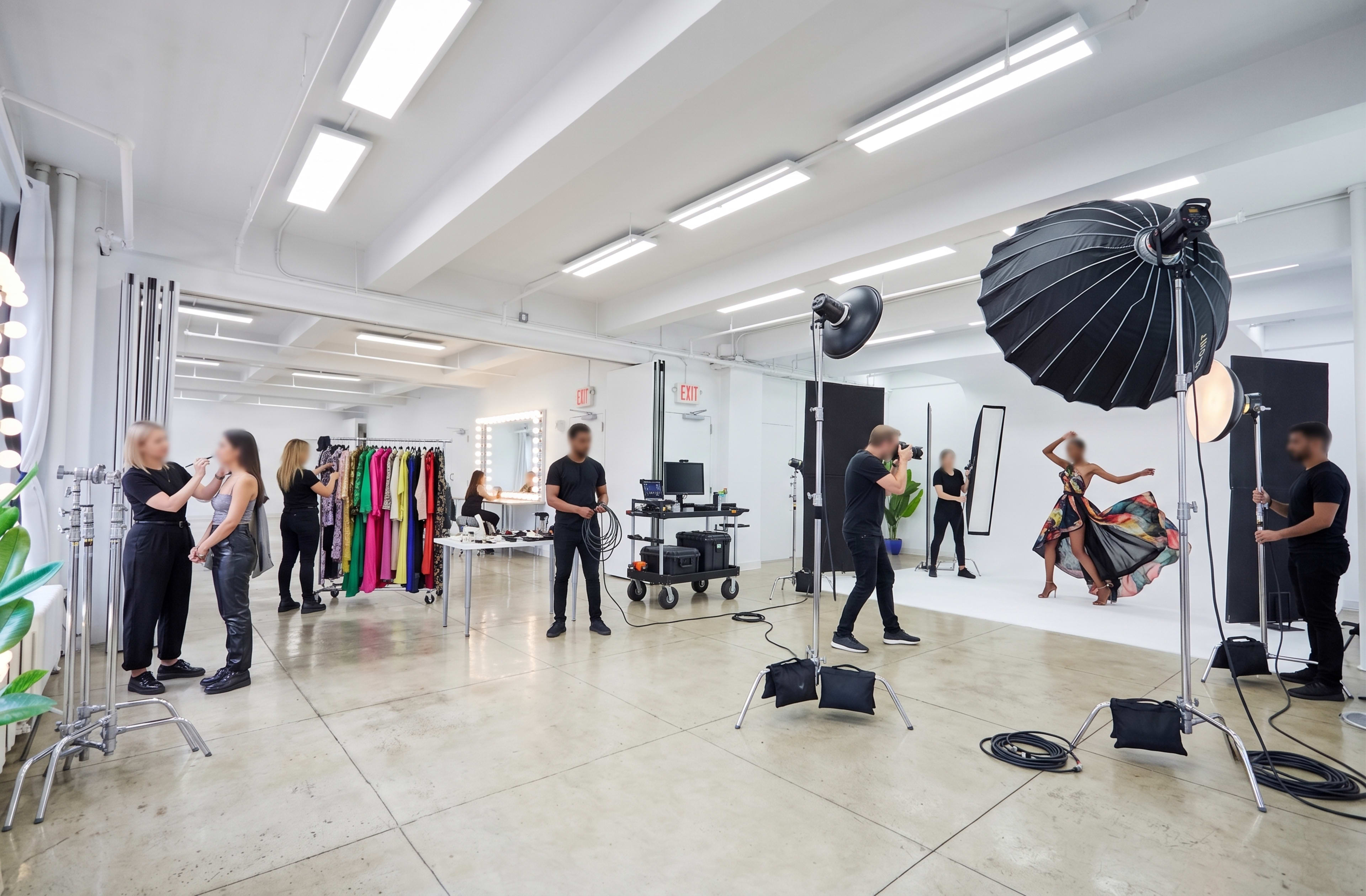A photography studio features several people preparing for a photoshoot, with bright lighting, clothing racks, and a model posing against a white backdrop.