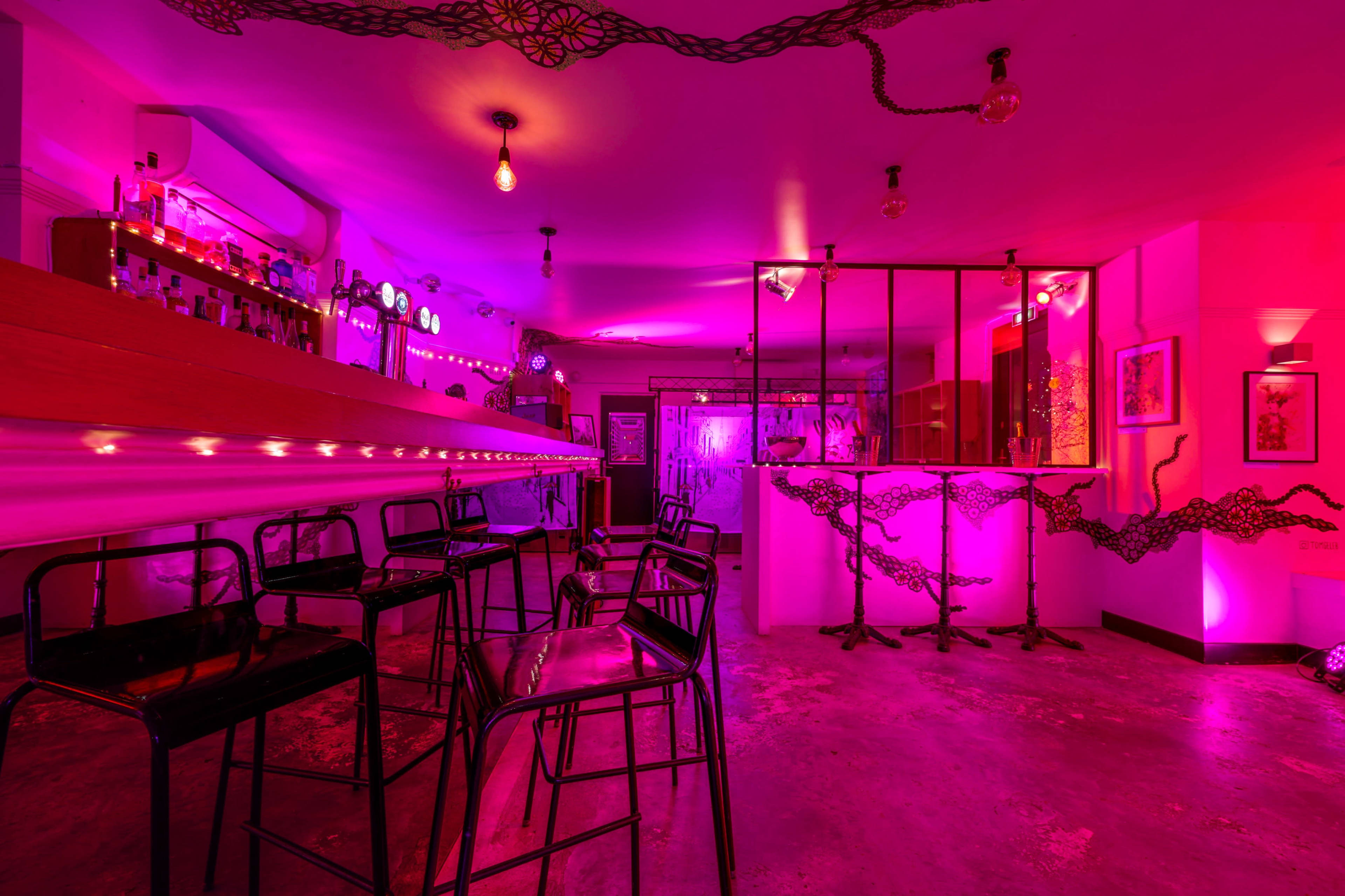 Restaurant lounge avec œuvres artistiques et cave voûtée en pierre. Système sono et light de boîte de nuit. Fresque peinte au plafond. Baies vitrées. Image dans Montmartre, Paris, 