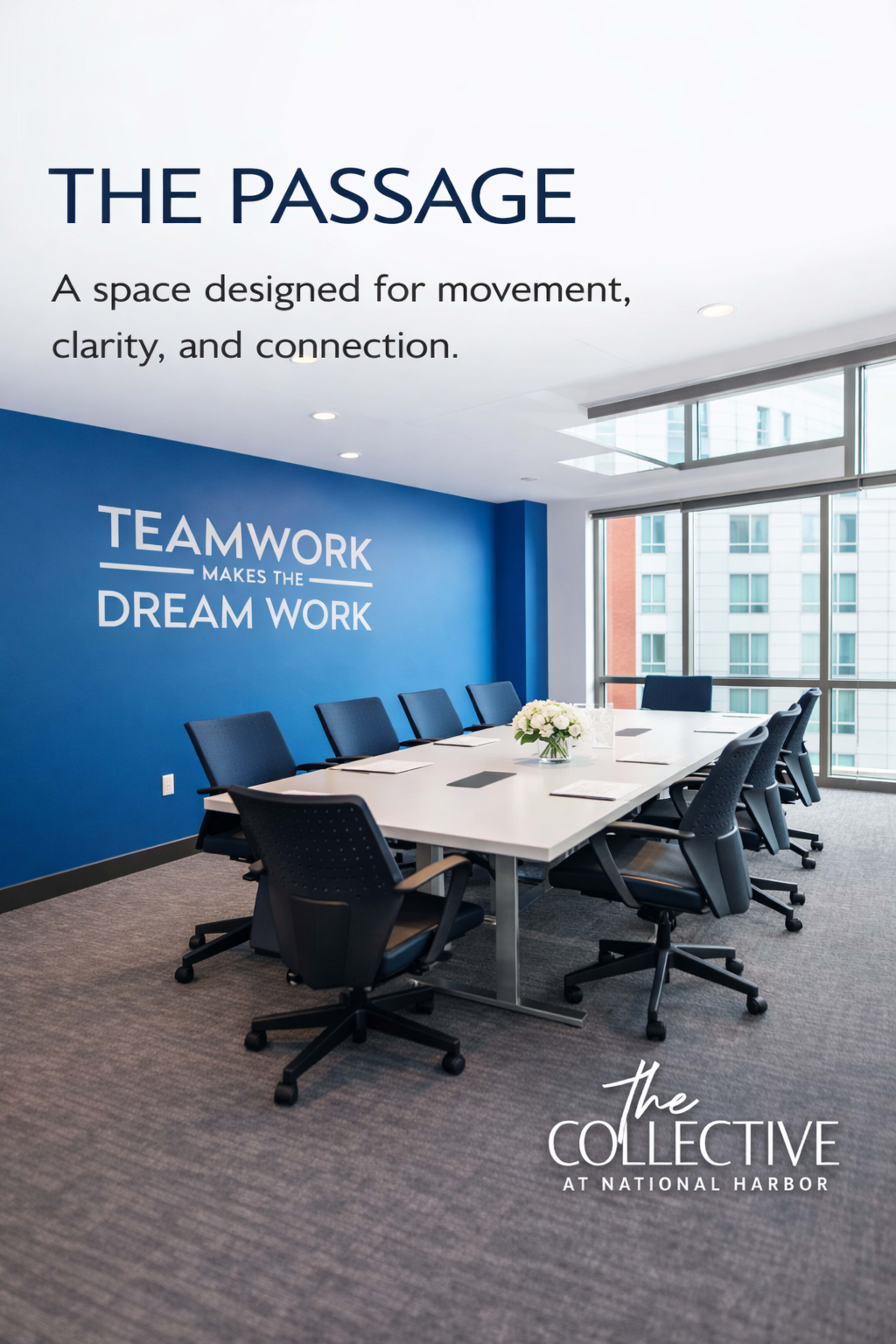 The image shows a modern conference room with a long table surrounded by chairs and large windows allowing natural light to enter, accompanied by motivational text on the walls.