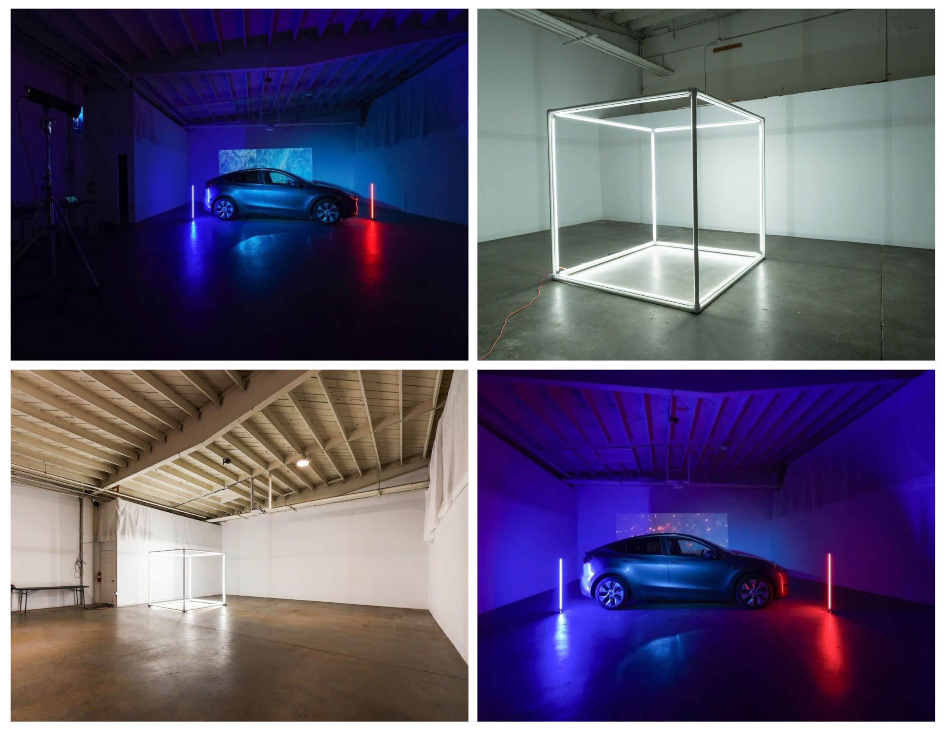 The image displays a spacious, empty gallery with a car parked in one corner and a luminous, geometric structure in another, featuring contrasting colored lighting in different sections.