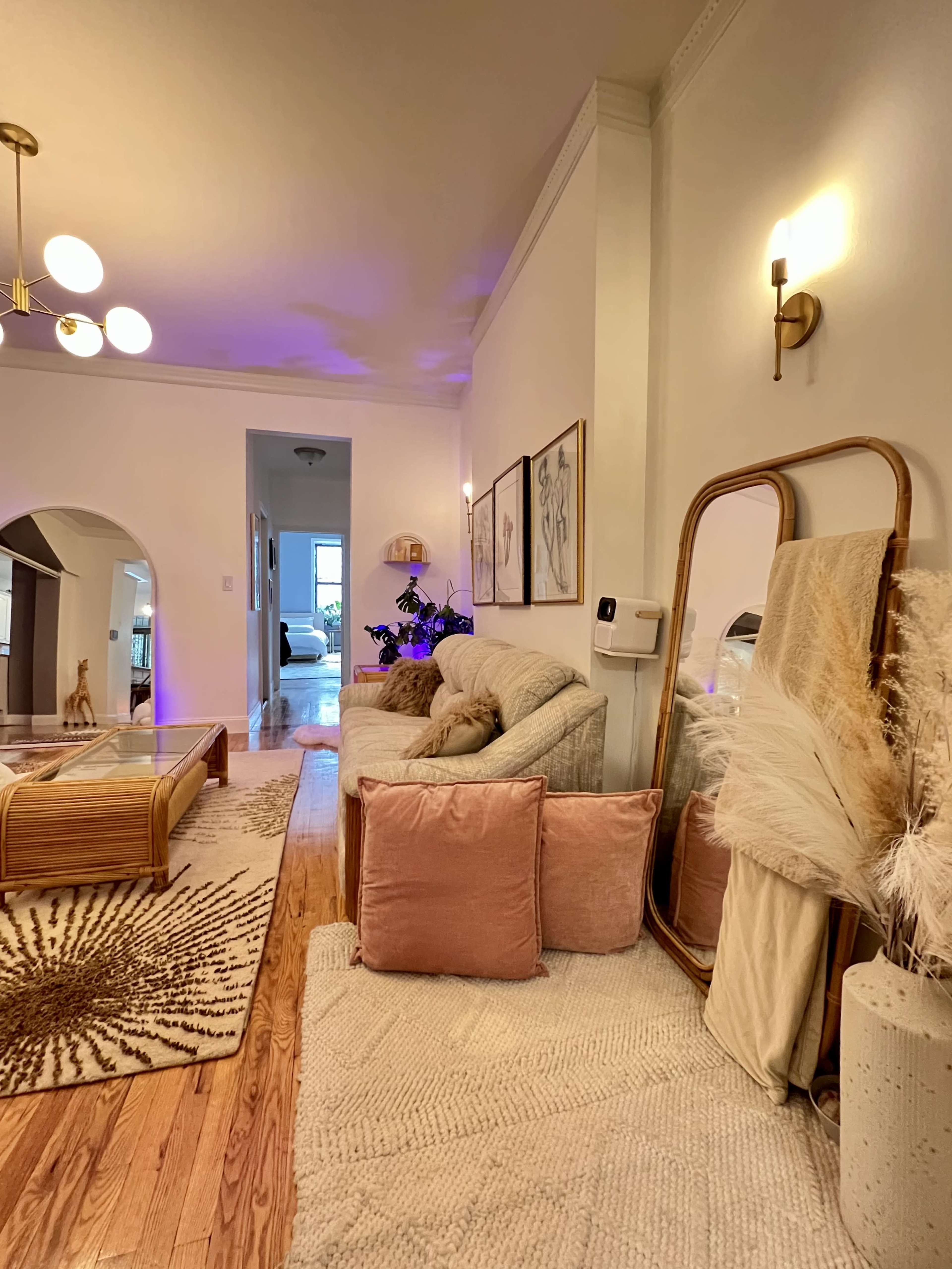 A cozy living room features a sofa with decorative pillows, a large mirror, and a rug, with an open passage leading to a bright hallway.