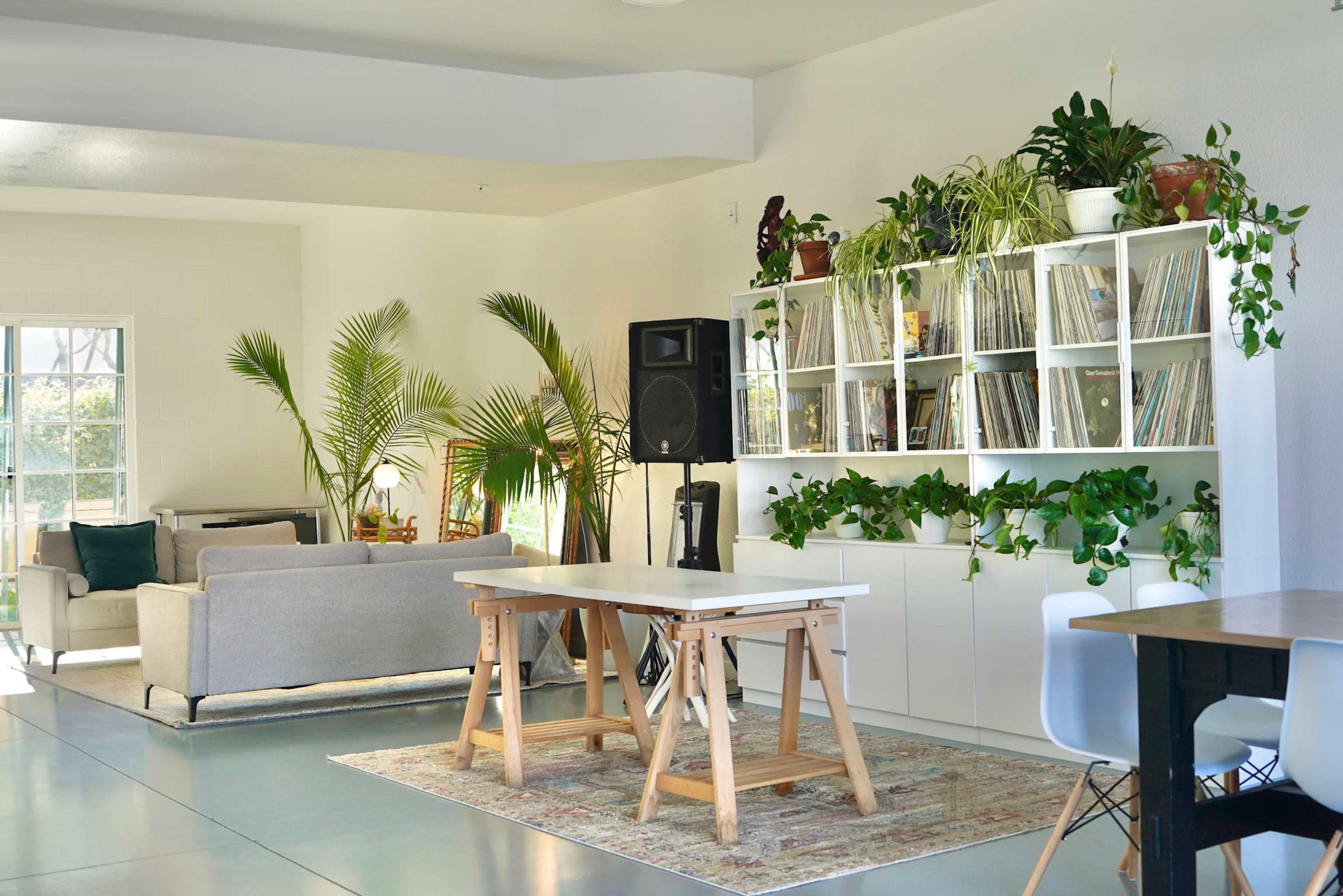 A spacious room featuring a gray sofa, a white shelving unit filled with records and plants, a wooden table, and a speaker, with large windows allowing natural light to enter.