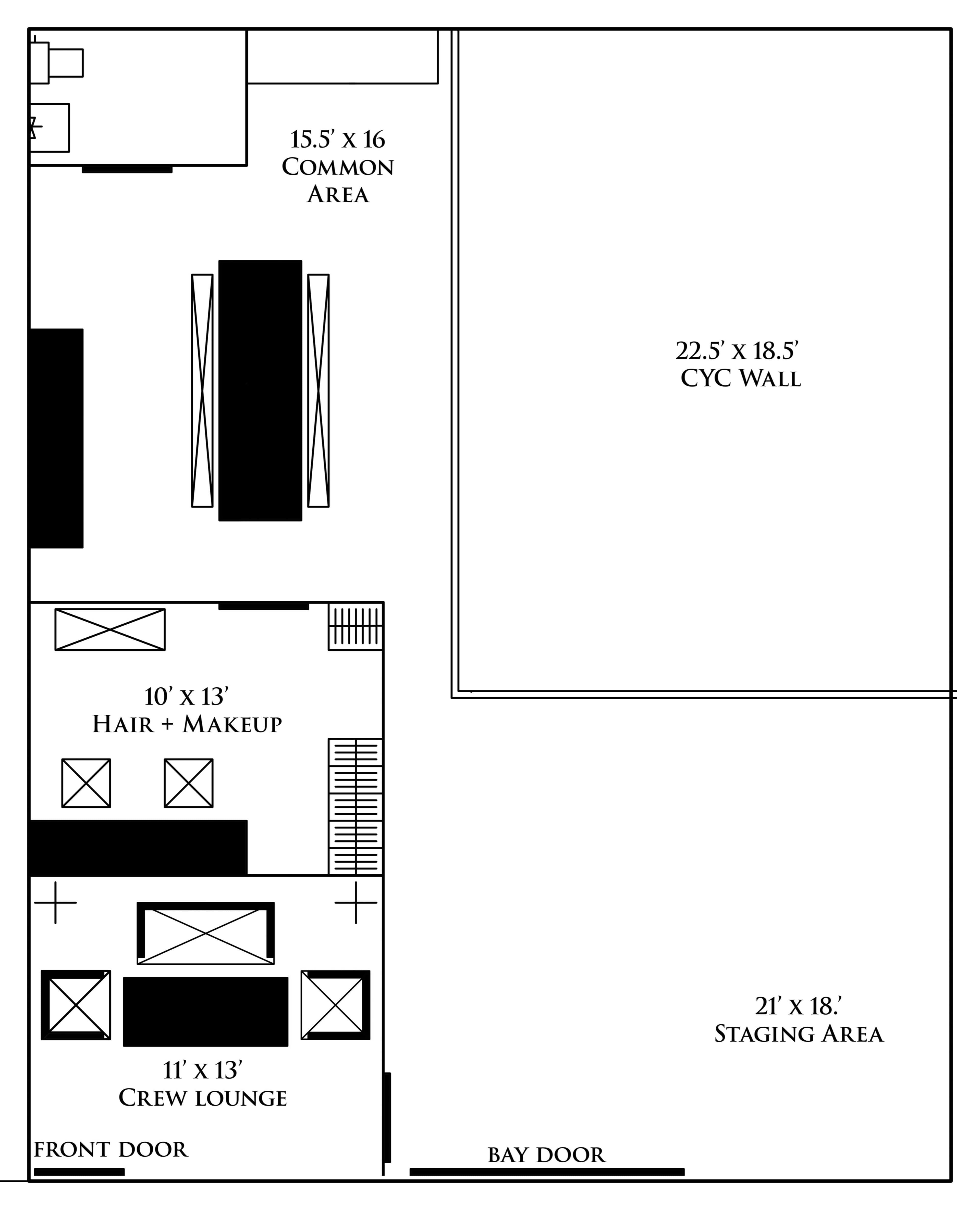 The floor plan outlines a layout with designated areas for a common space, hair and makeup, a crew lounge, and a staging area, along with a cyc wall.
