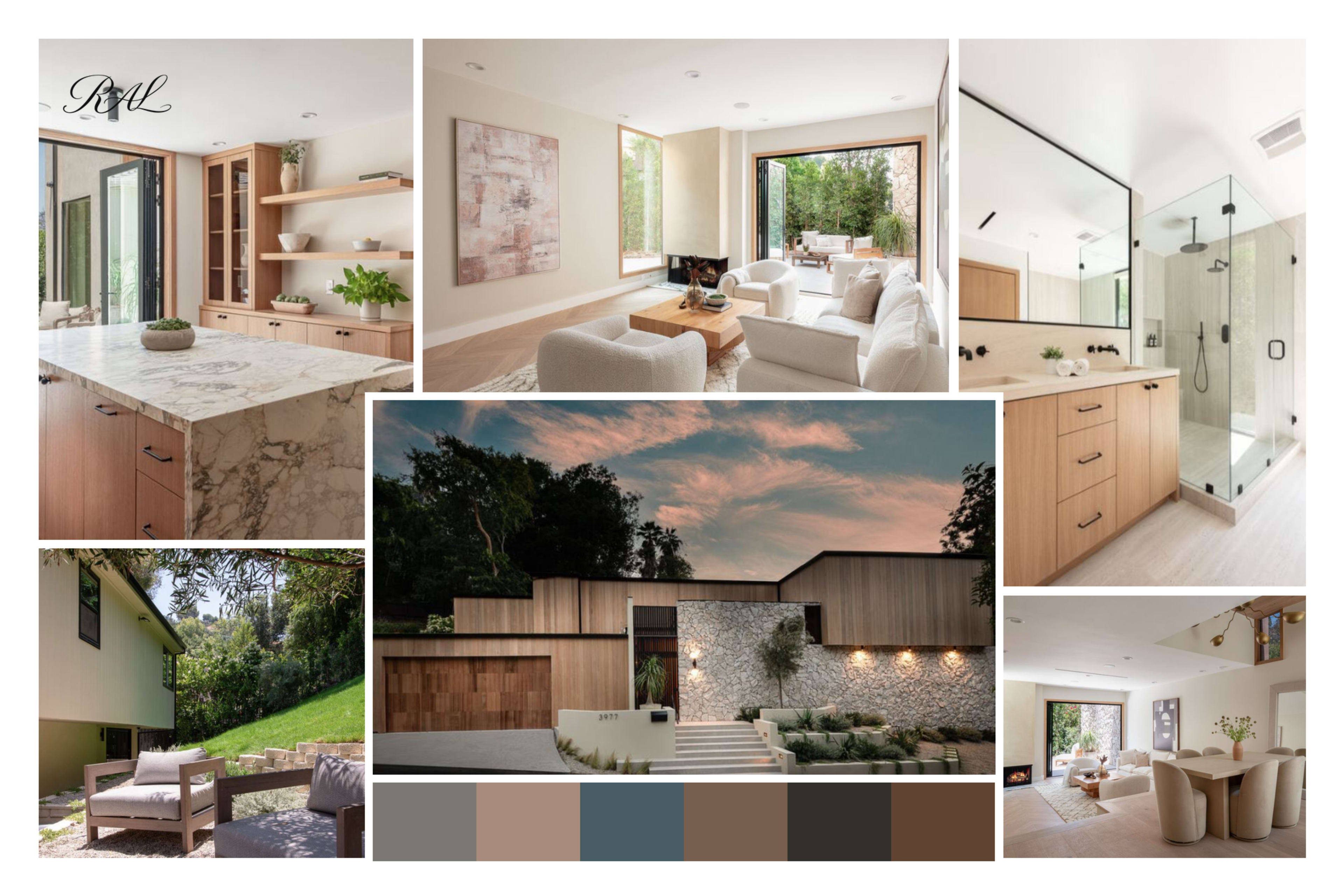 The image showcases a modern home interior and exterior, featuring a blend of natural materials, windows with greenery views, and a minimalist design aesthetic.