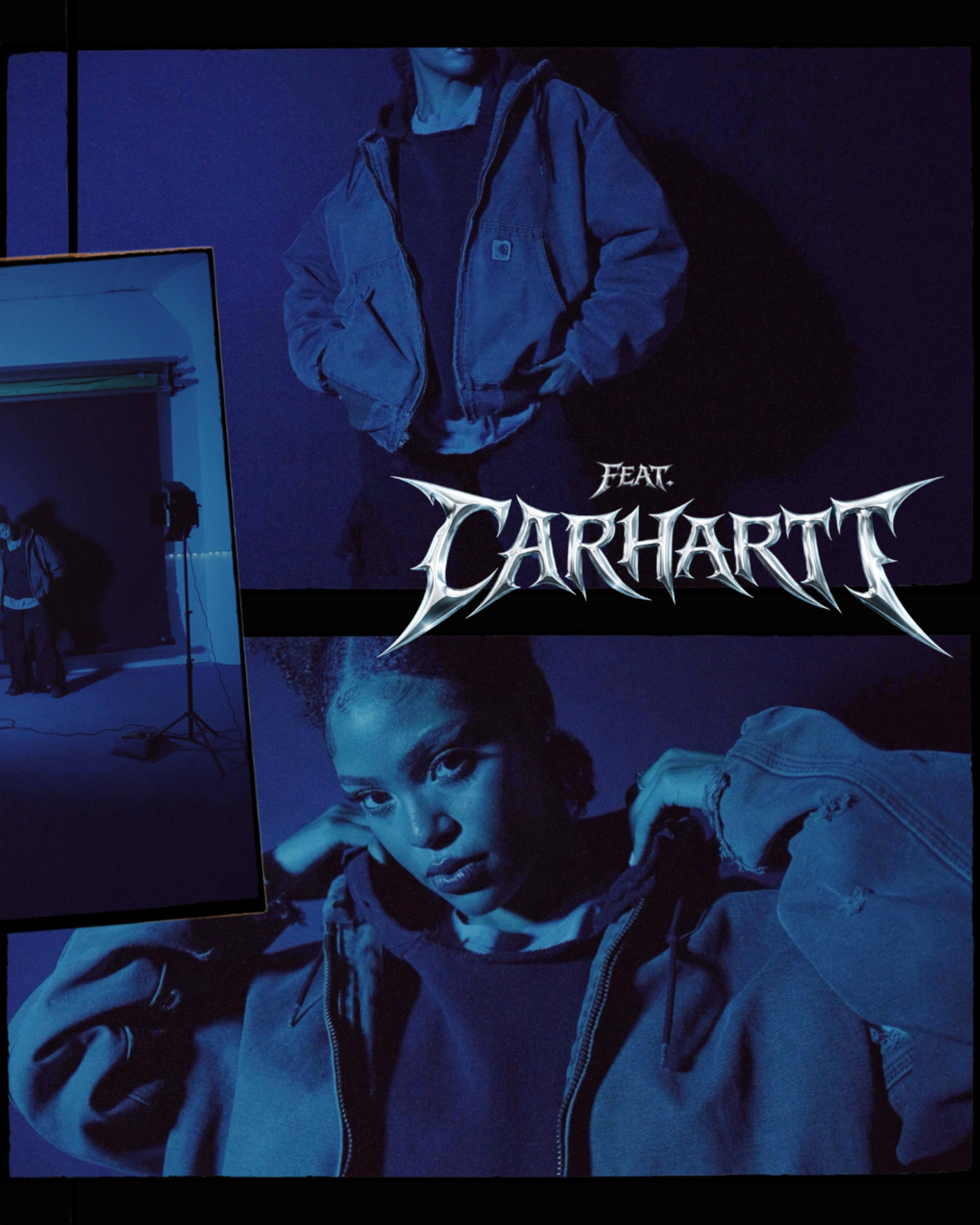 The image features a model wearing a Carhartt hoodie against a blue background, with studio lighting and a shadowy figure in the background.