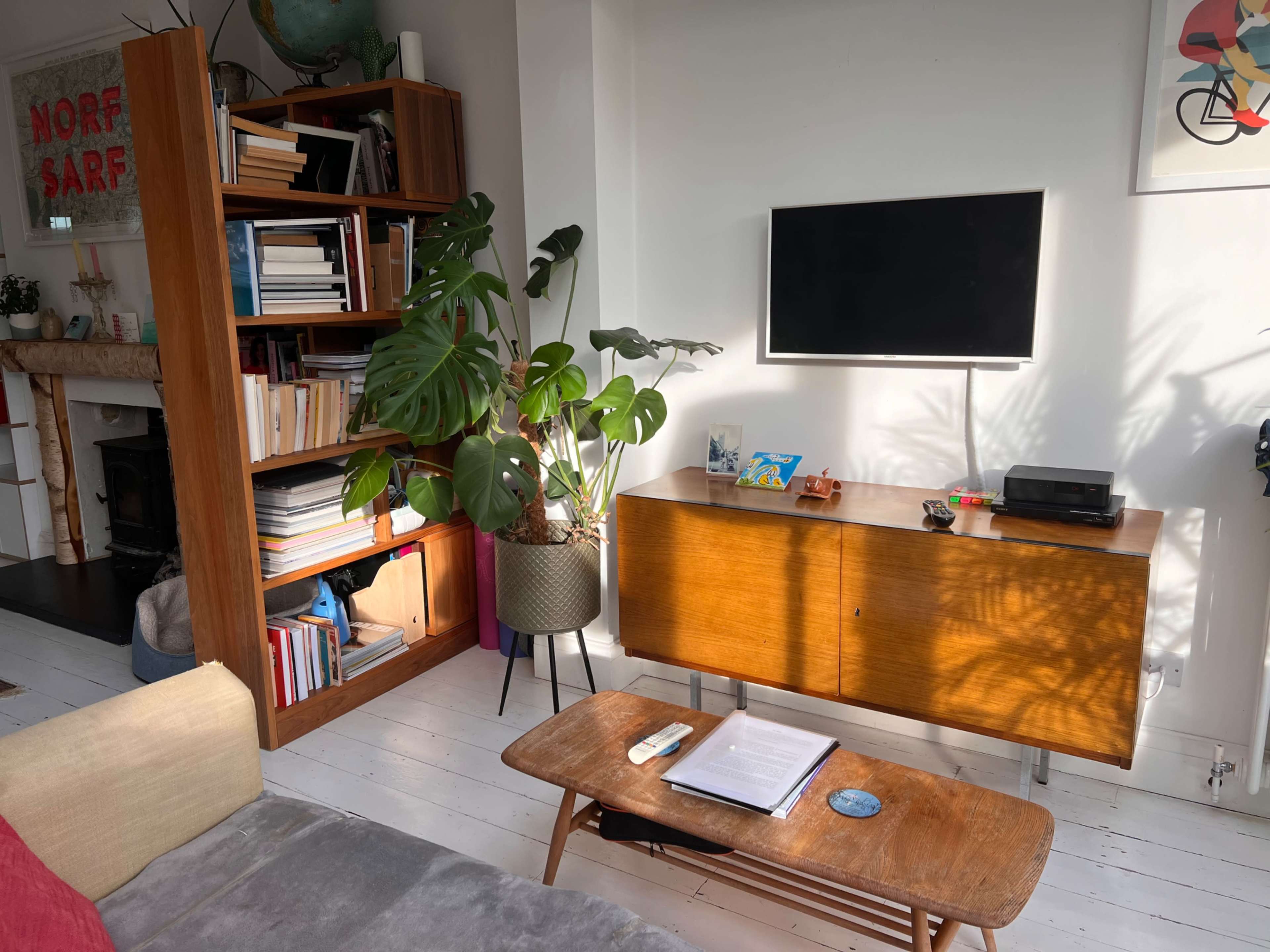 The scene features a living room with a wooden bookshelf, a television mounted on the wall, a sideboard, and a coffee table, all illuminated by natural light.