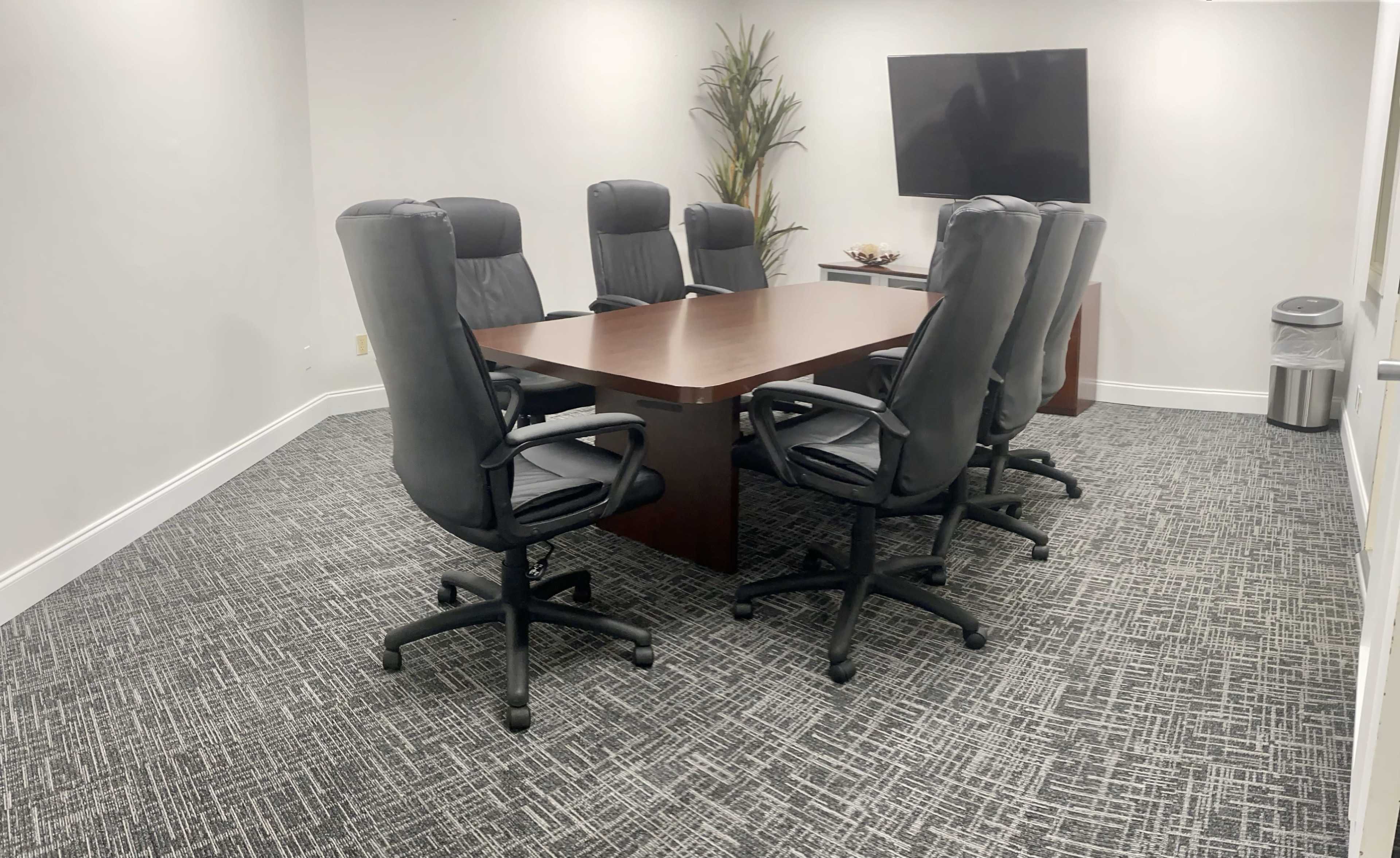 A conference room features a large rectangular table surrounded by six ergonomic chairs, with a television mounted on the wall and a potted plant in the corner.
