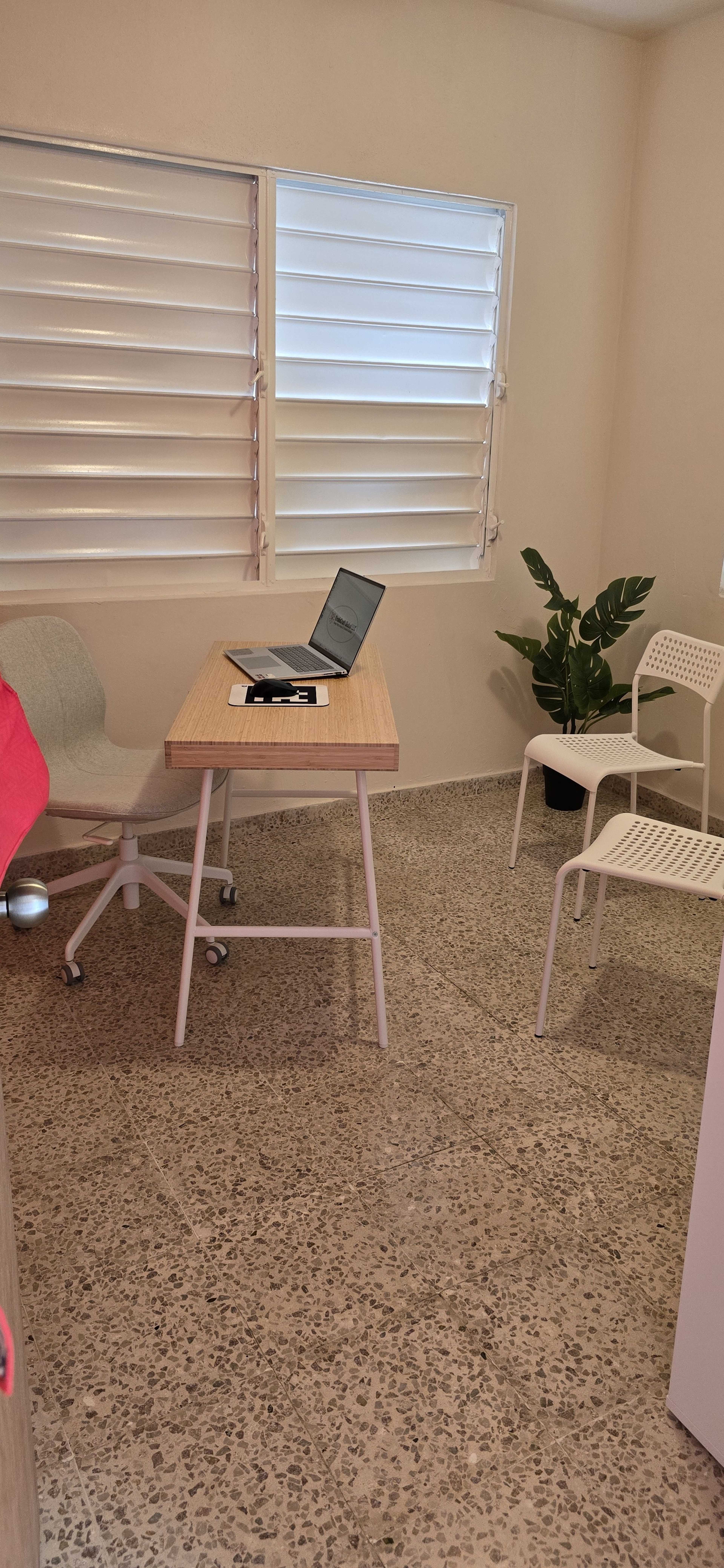 The image shows a small workspace with a wooden desk, a laptop, two white chairs, and a green potted plant in a room with windows covered by horizontal blinds.