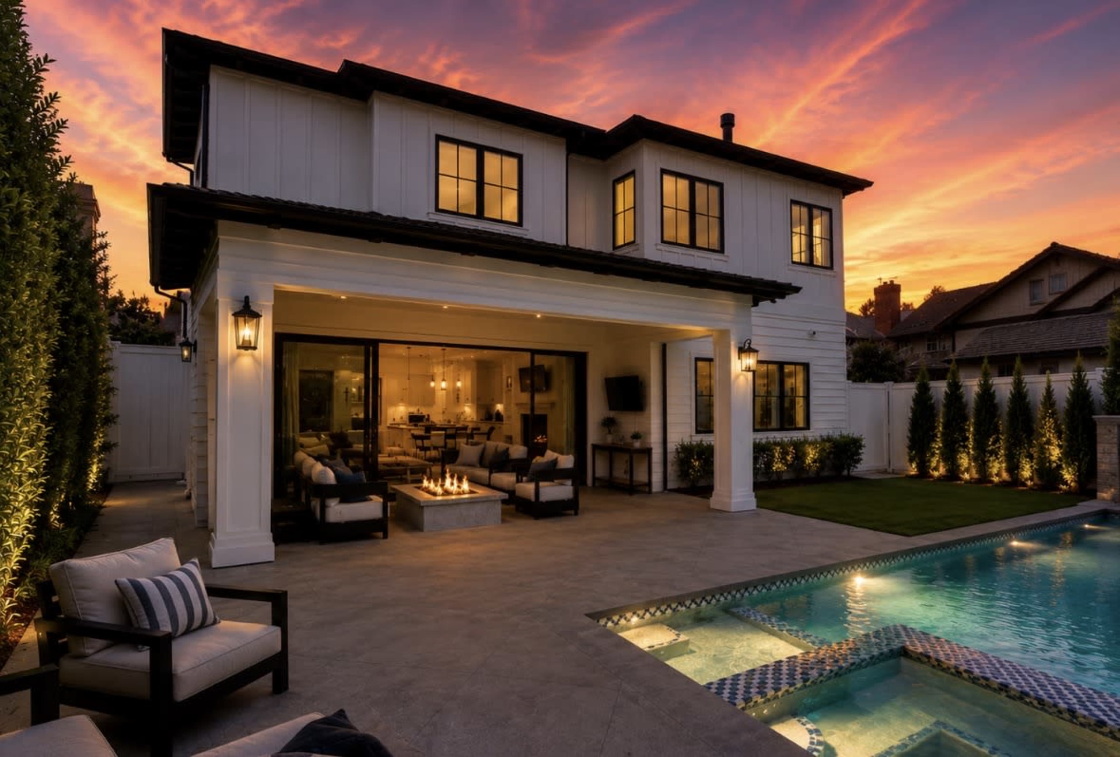 A modern two-story house with a patio, outdoor seating, and a swimming pool is illuminated by a vibrant sunset.