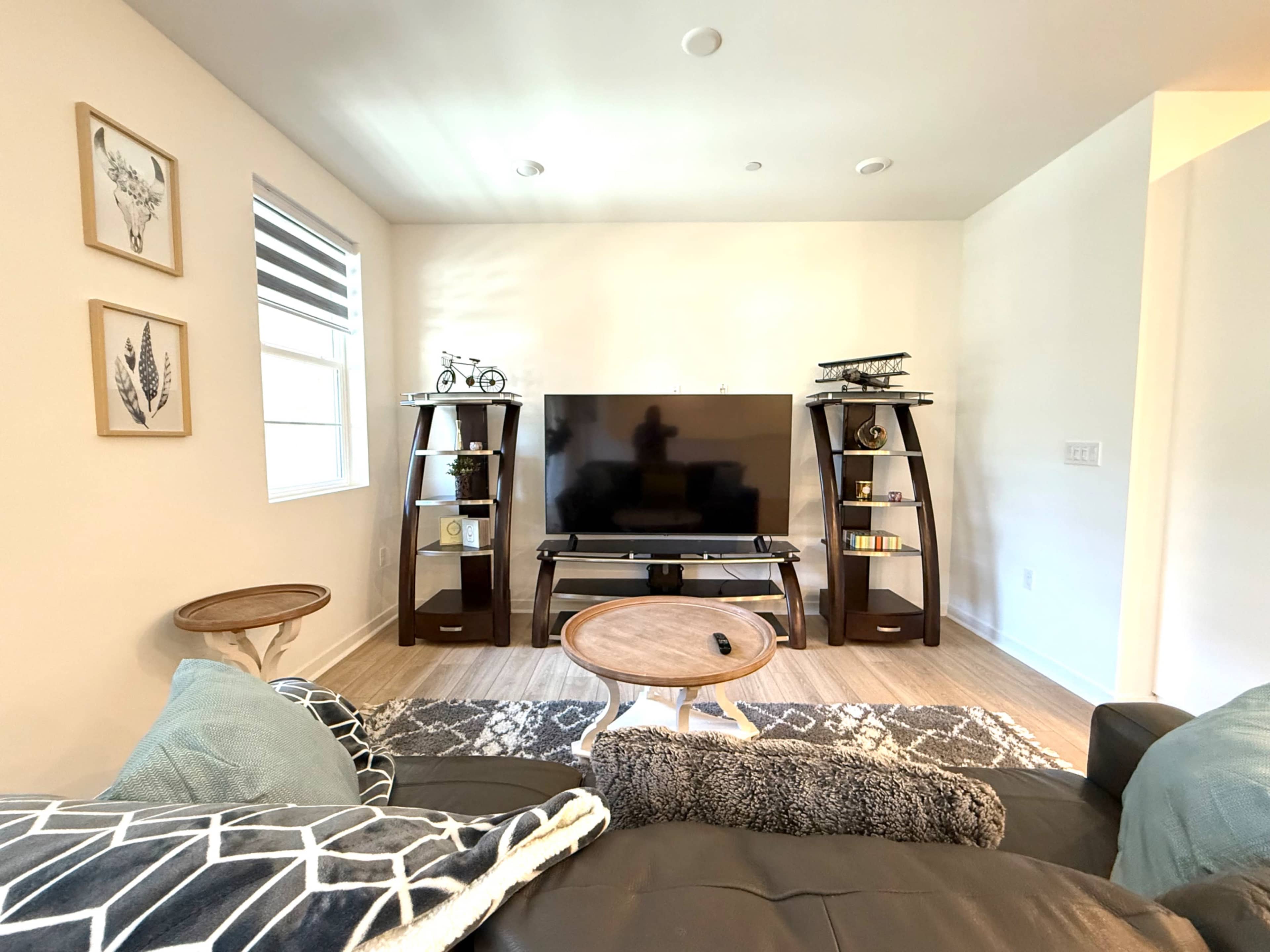 The living room features a television centered on a media console, flanked by two bookshelves, with a coffee table and decorative elements in front.