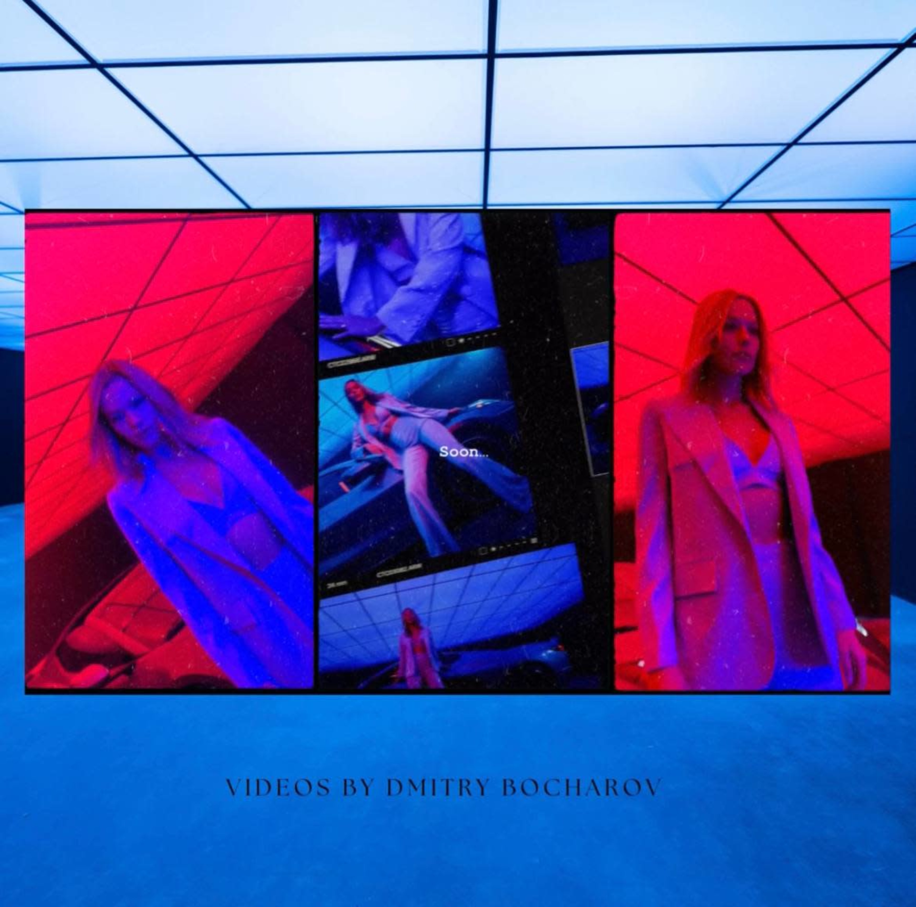 A digital display features a model in a stylish outfit, surrounded by colorful visuals and text that reads "soon," attributed to Dmitry Bocharov.