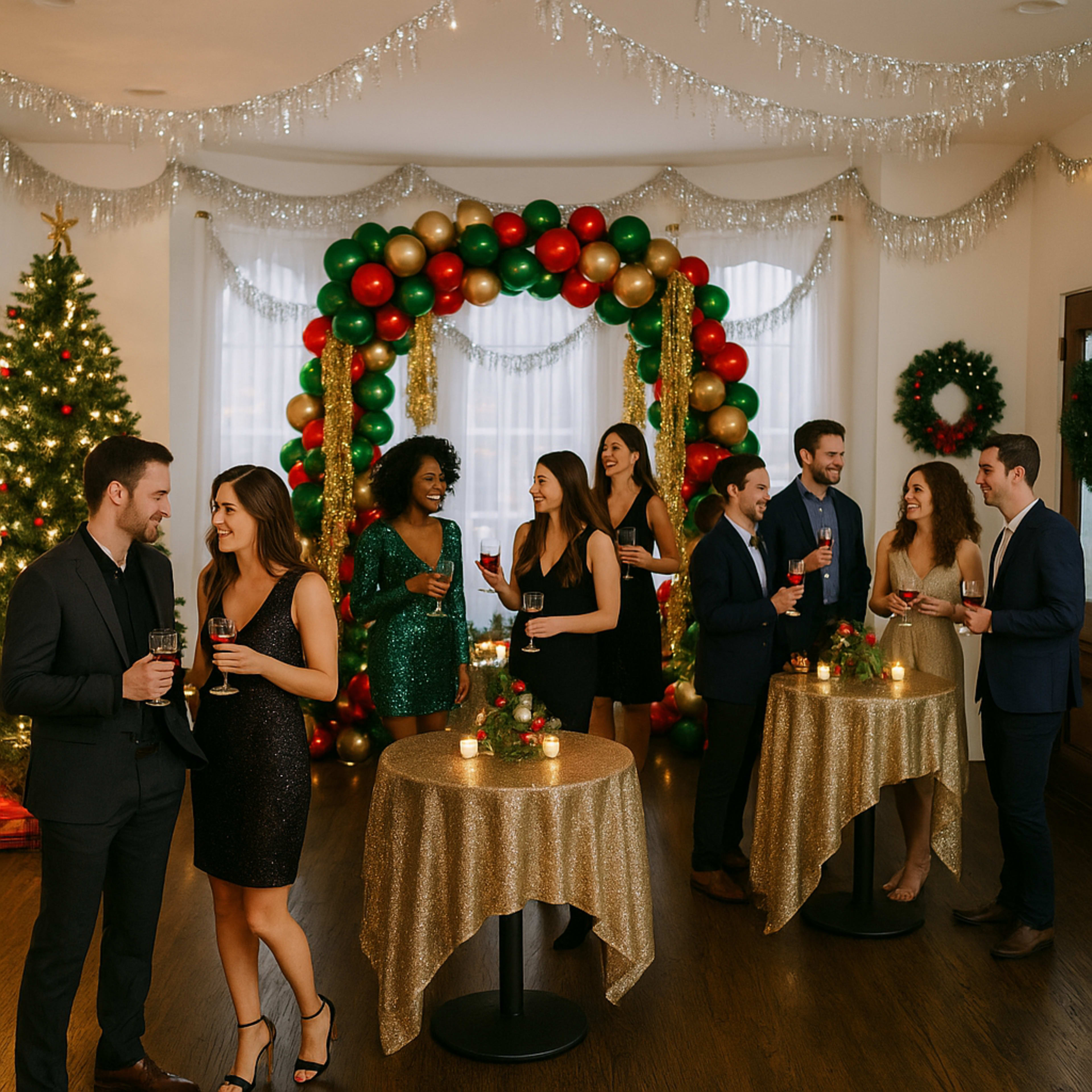 A group of elegantly dressed individuals socialize and enjoy drinks at a festive holiday party, surrounded by decorations including a Christmas tree and a balloon arch.