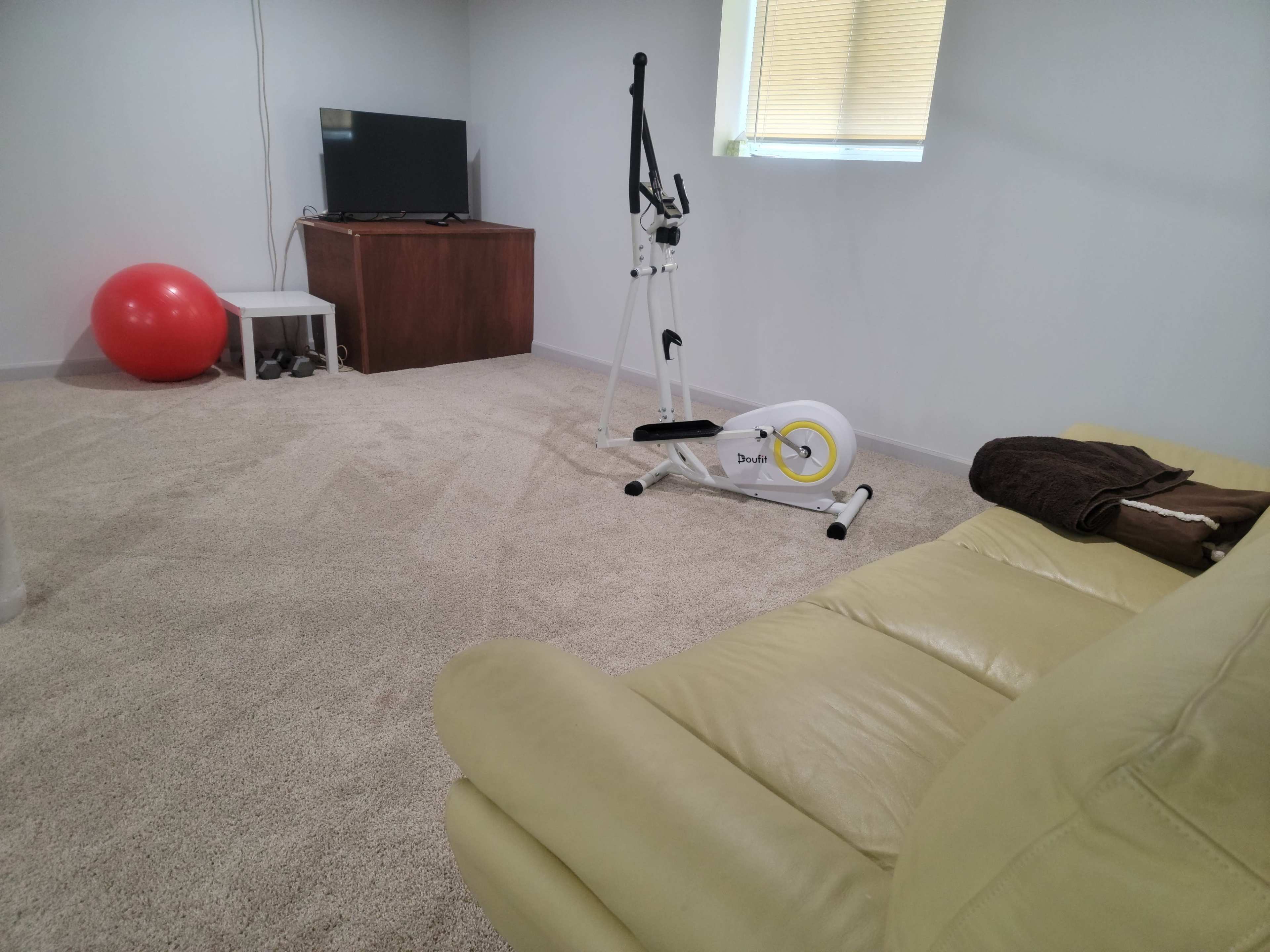 A basement workout area featuring a stationary bike, a red exercise ball, a television, and a light-colored couch on carpeted flooring.