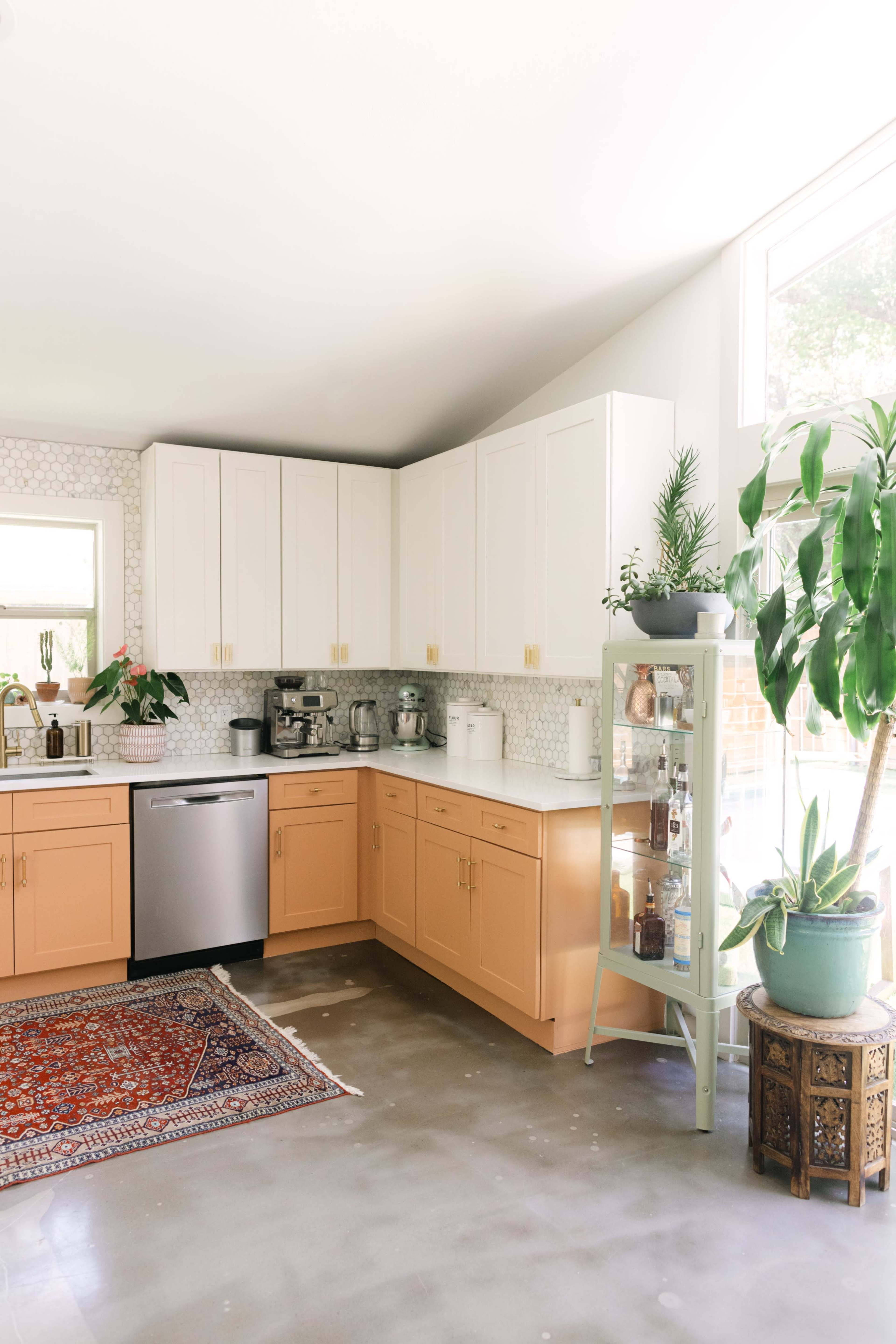A bright kitchen features peach-colored cabinets, stainless steel appliances, and a glass display cabinet filled with various items, alongside a potted plant.