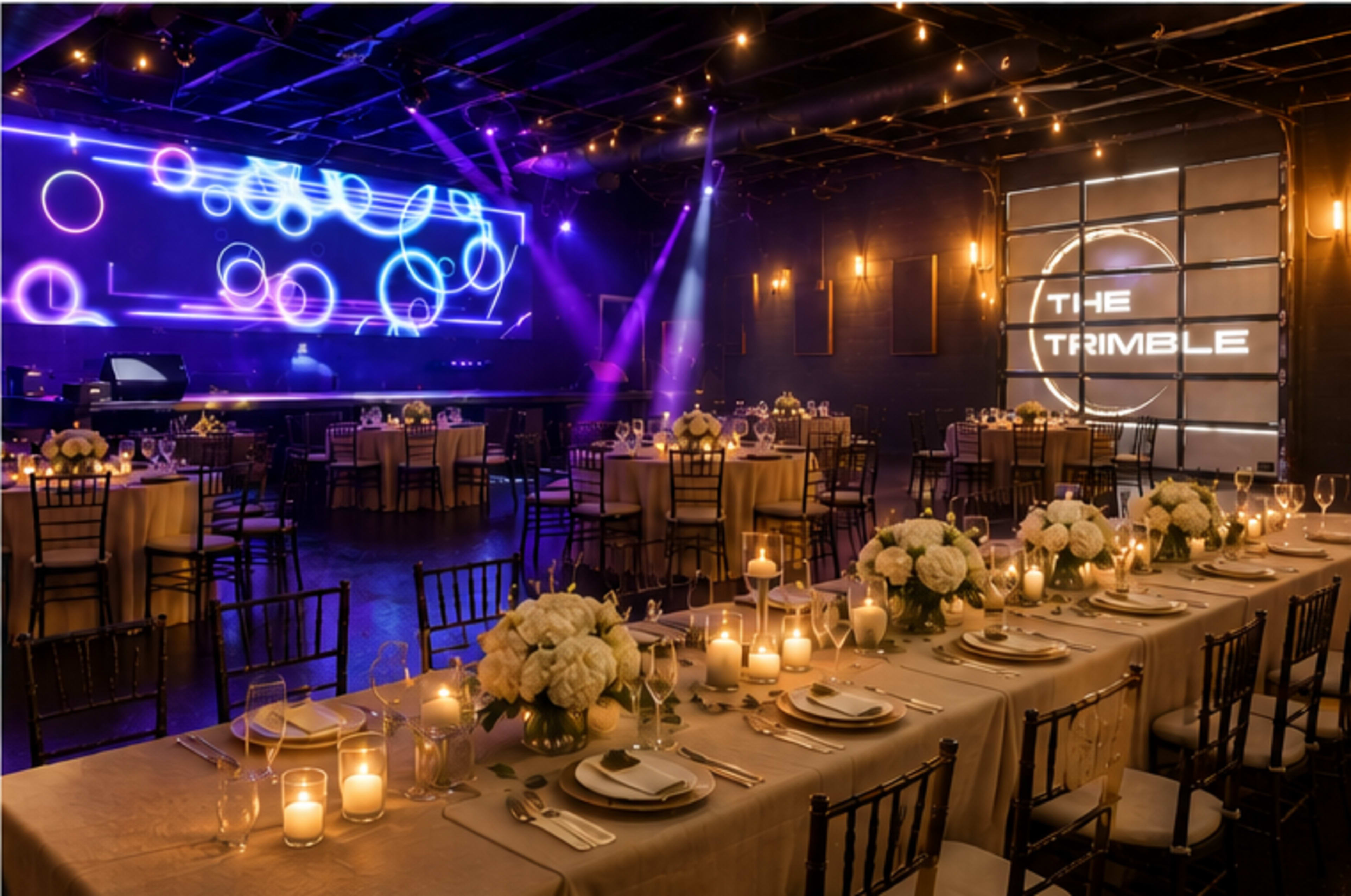 A banquet hall is set with elegantly arranged tables, adorned with flower centerpieces and candles, under atmospheric lighting and a large digital display.